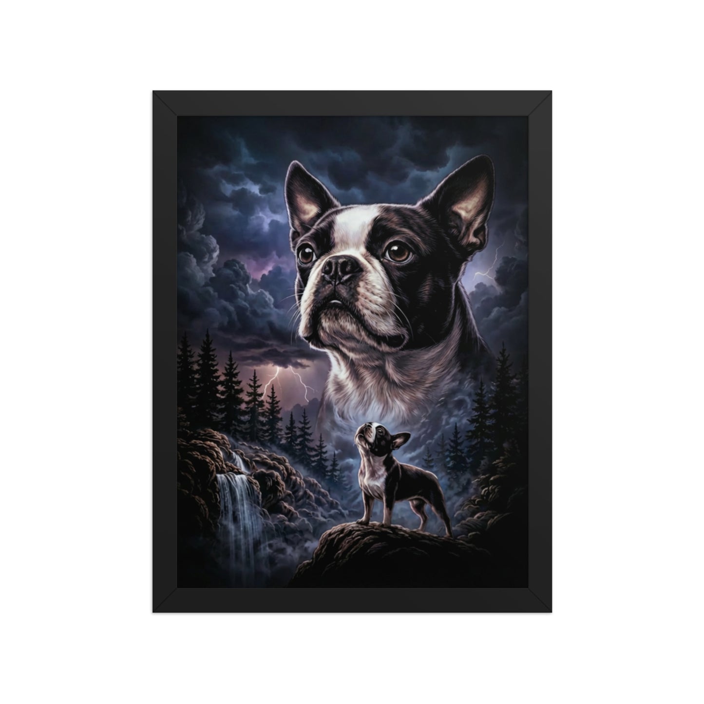 Storm Guardian – Majestic Boston Terrier Night Art Framed Poster . Black 12″×16″