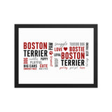 Boston Terrier Word Collage Framed Poster – Dog Lover Typography Art . Black 12″×16″