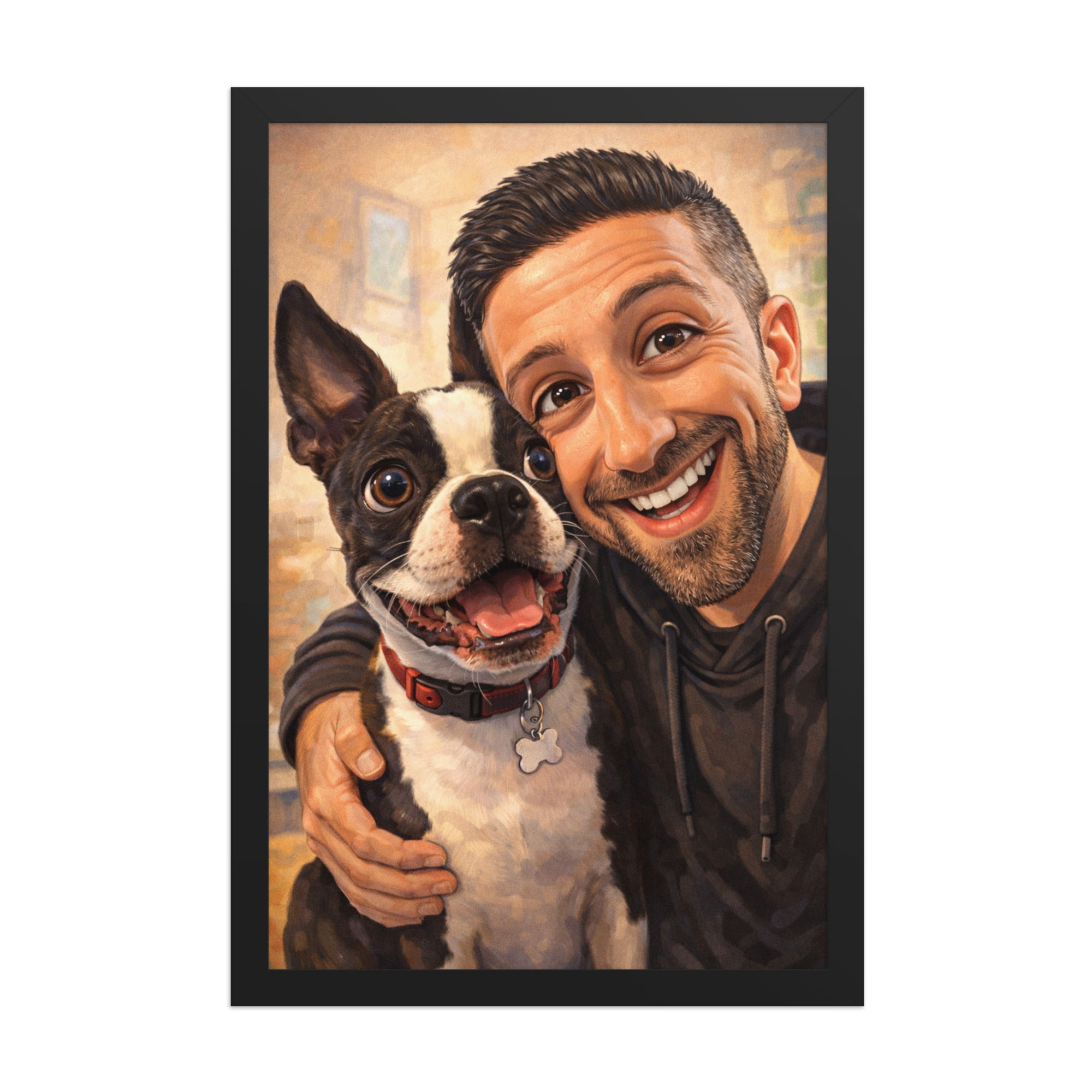 Custom Caricature Dog And Owner Portrait Framed Poster . Black 12″×18″