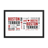 Boston Terrier Word Collage Framed Poster – Dog Lover Typography Art . Black 12″×18″