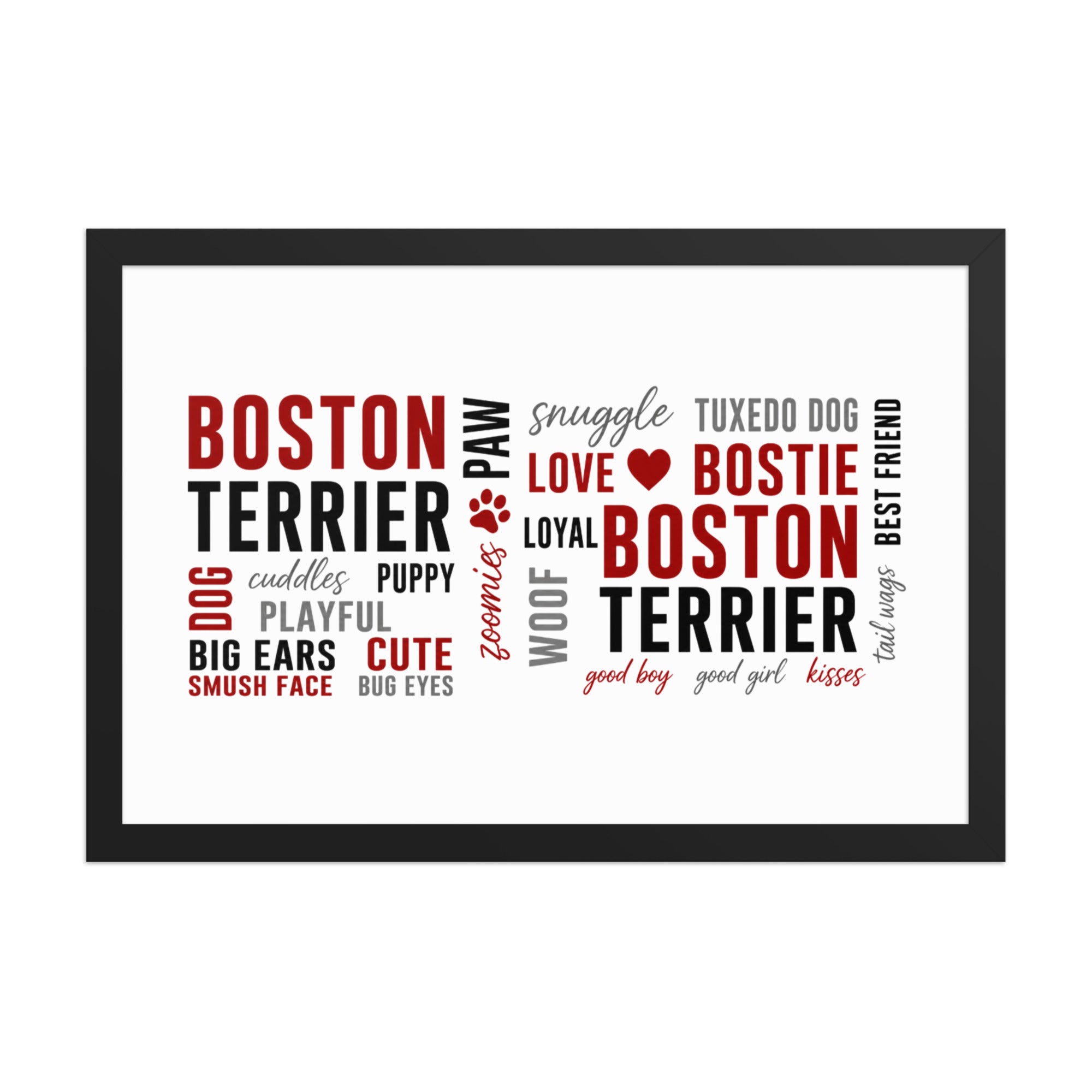 Boston Terrier Word Collage Framed Poster – Dog Lover Typography Art . Black 12″×18″