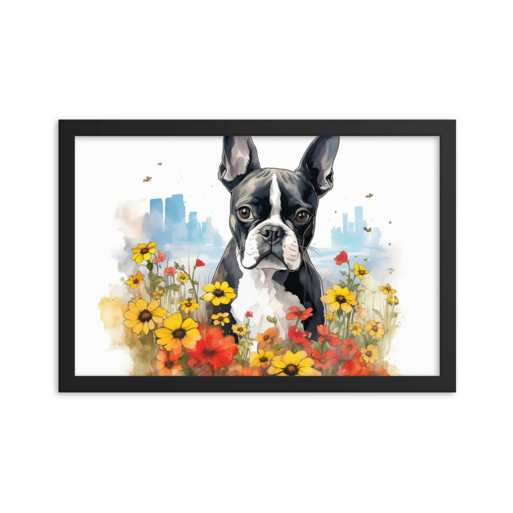 Boston Terrier Dog In A Garden Outside The City Framed Poster