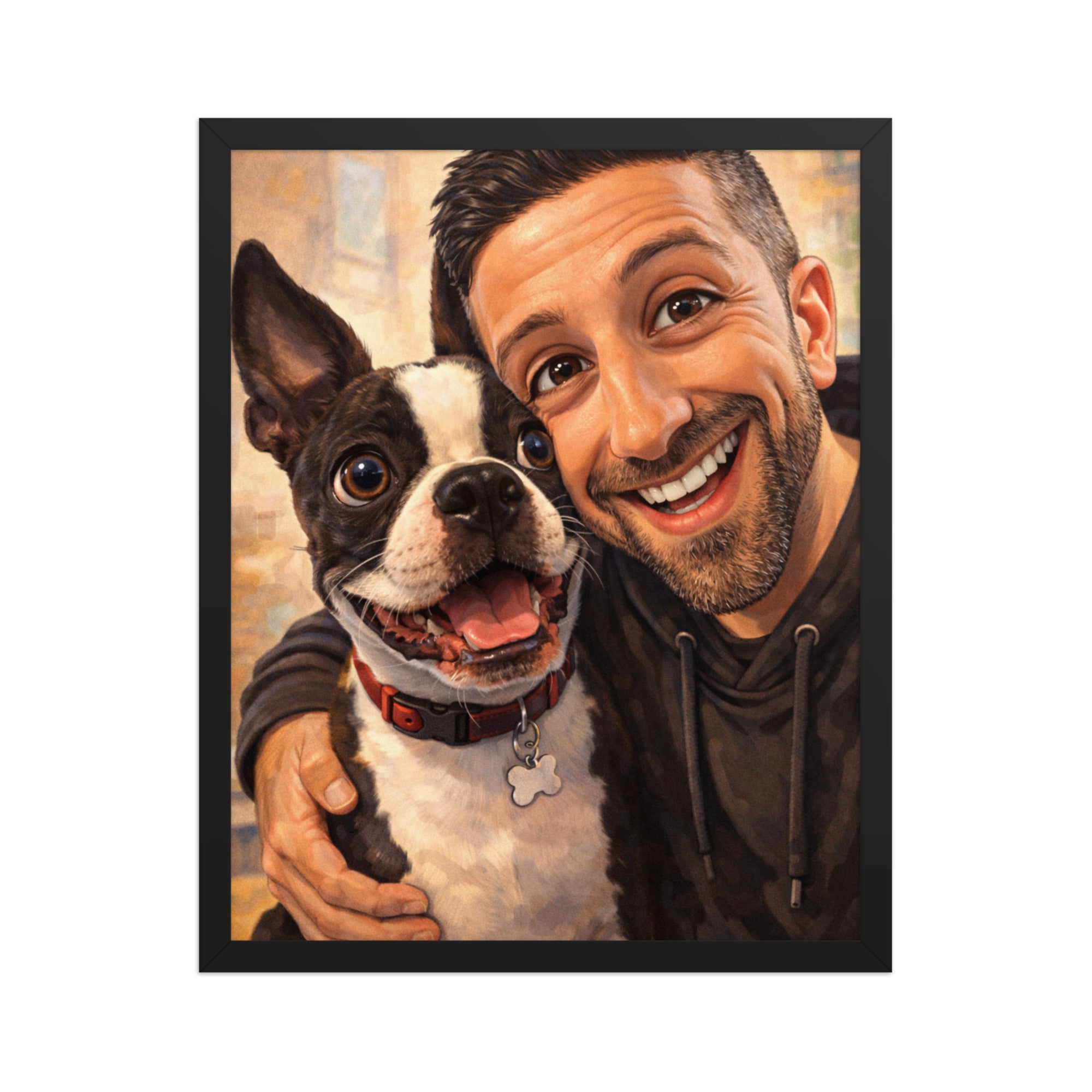 Custom Caricature Dog And Owner Portrait Framed Poster . Black 16″×20″