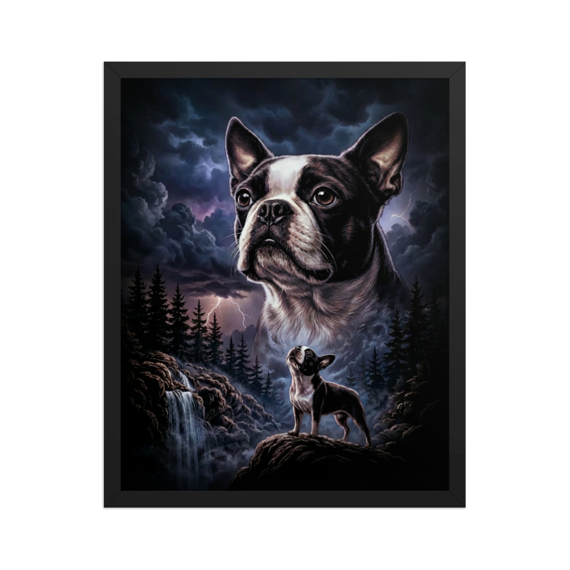 Storm Guardian – Majestic Boston Terrier Night Art Framed Poster . Black 16″×20″