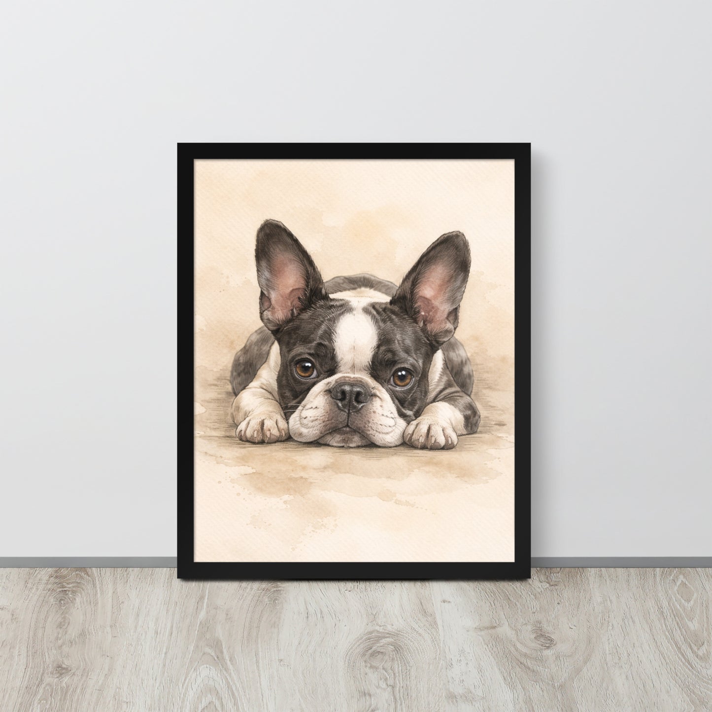 Watercolor Boston Terrier Dog Art Print Framed Poster .