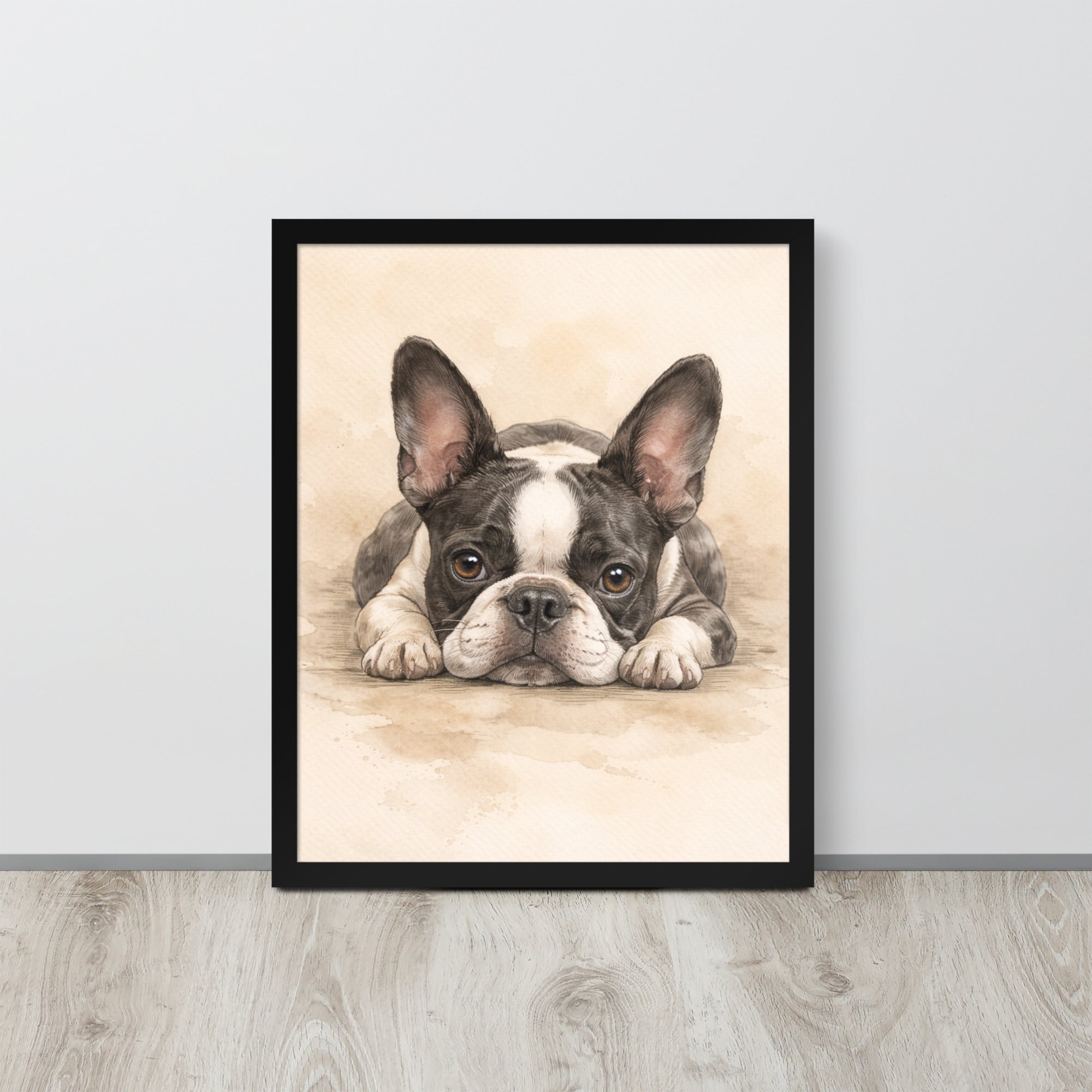 Watercolor Boston Terrier Dog Art Print Framed Poster .