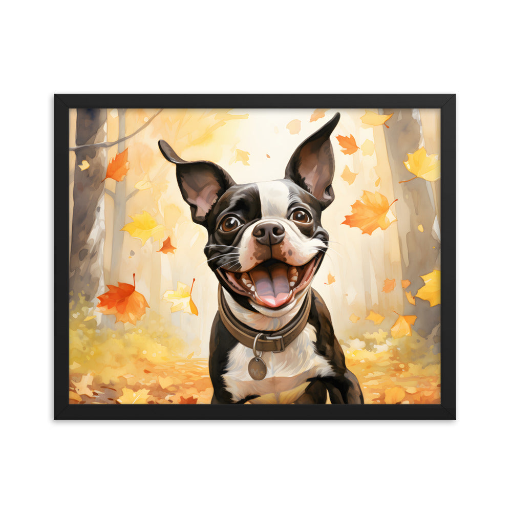 Cheerful Boston Terrier Dog Exploring A Park Watercolor Framed poster