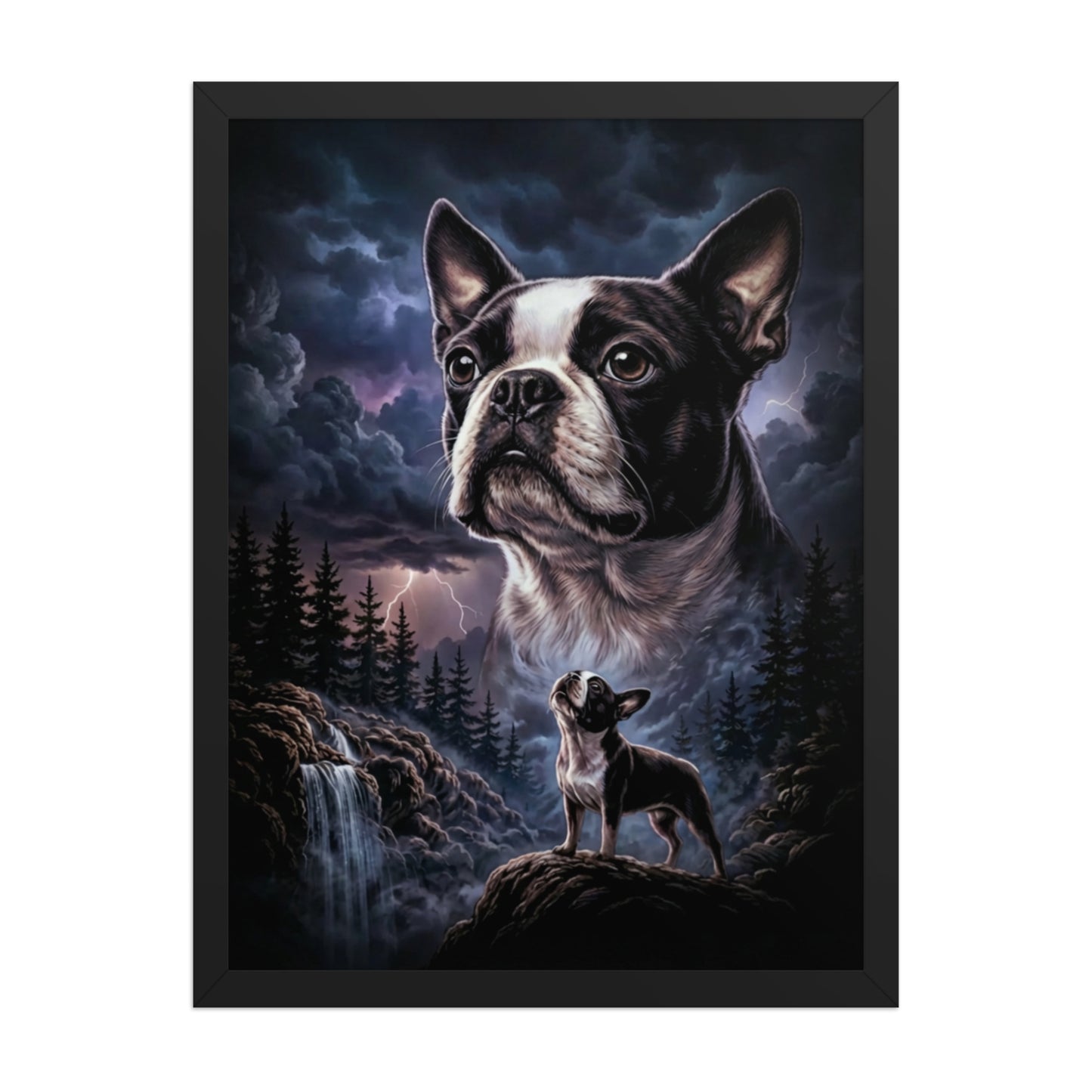 Storm Guardian – Majestic Boston Terrier Night Art Framed Poster . Black 18″×24″