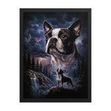 Storm Guardian – Majestic Boston Terrier Night Art Framed Poster . Black 18″×24″