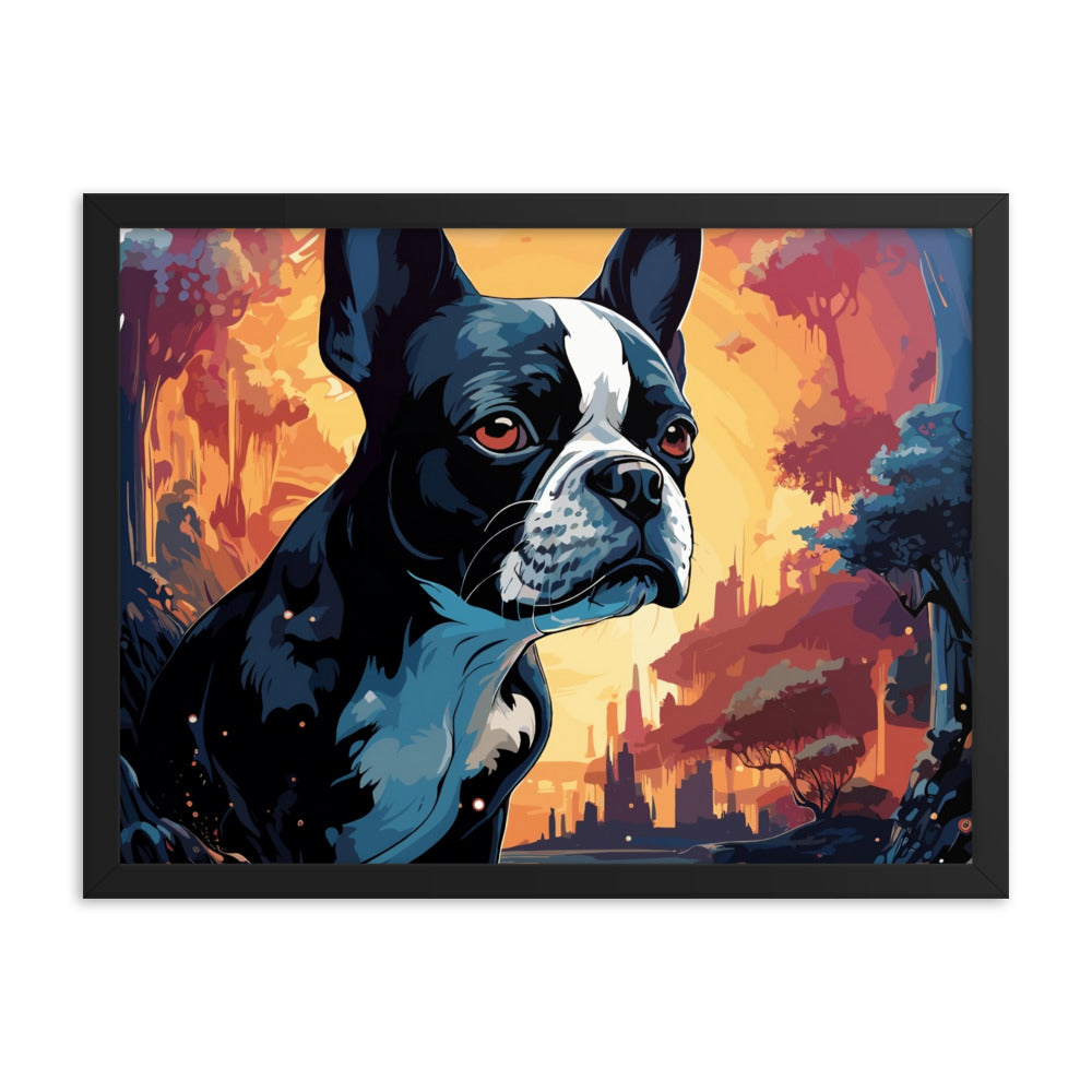 Artistic Representation Of A Boston Terrier In A Surreal Place Framed poster