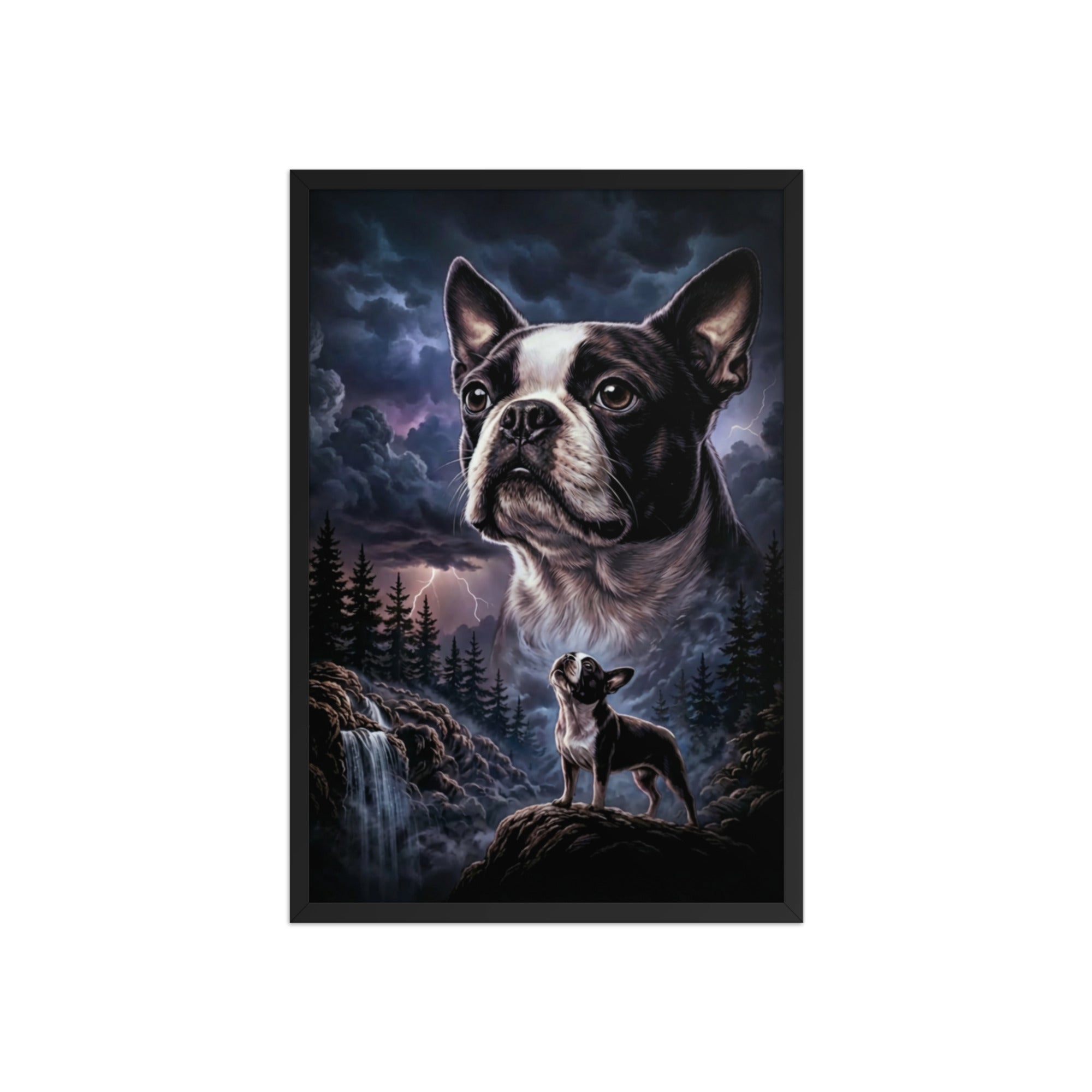 Storm Guardian – Majestic Boston Terrier Night Art Framed Poster . Black 20″×30″