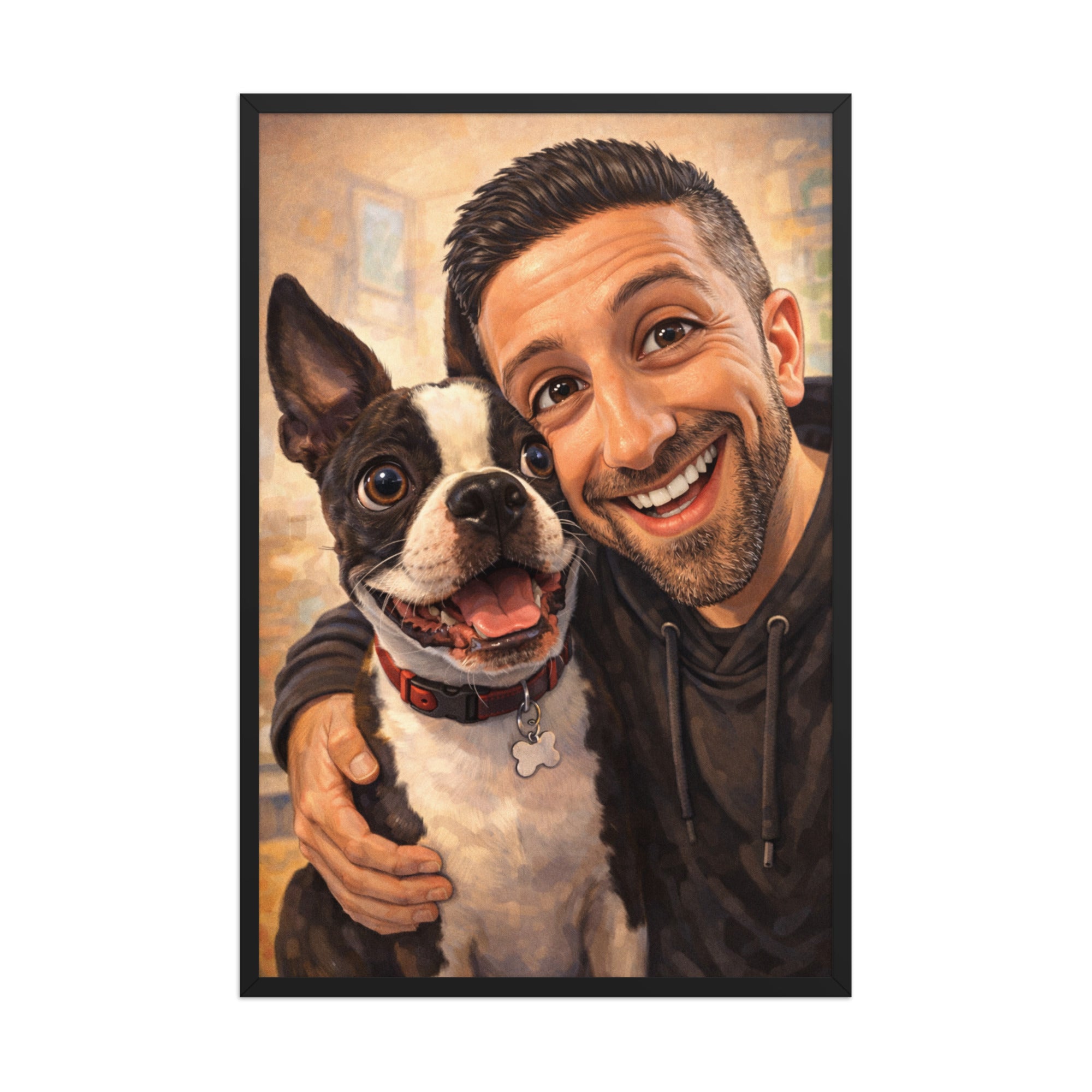 Custom Caricature Dog And Owner Portrait Framed Poster . Black 24″×36″