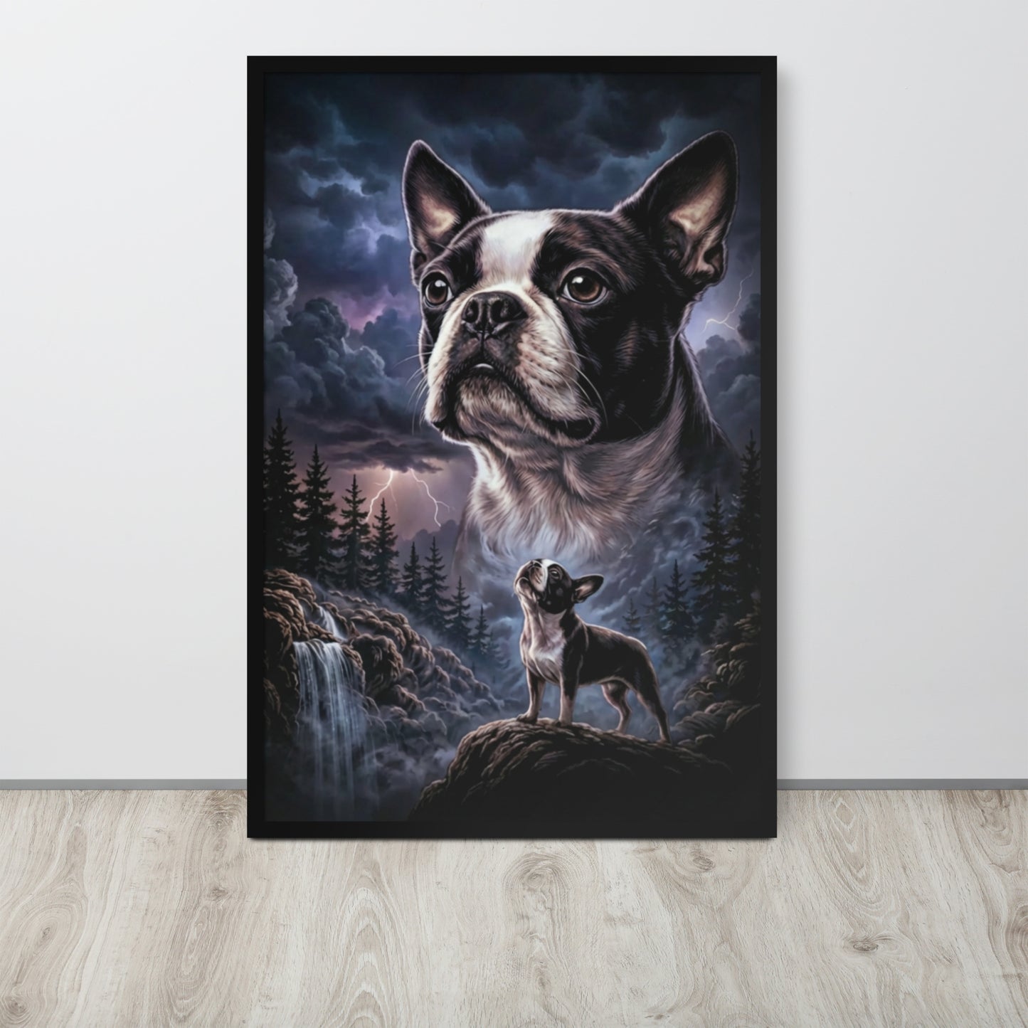 Storm Guardian – Majestic Boston Terrier Night Art Framed Poster .