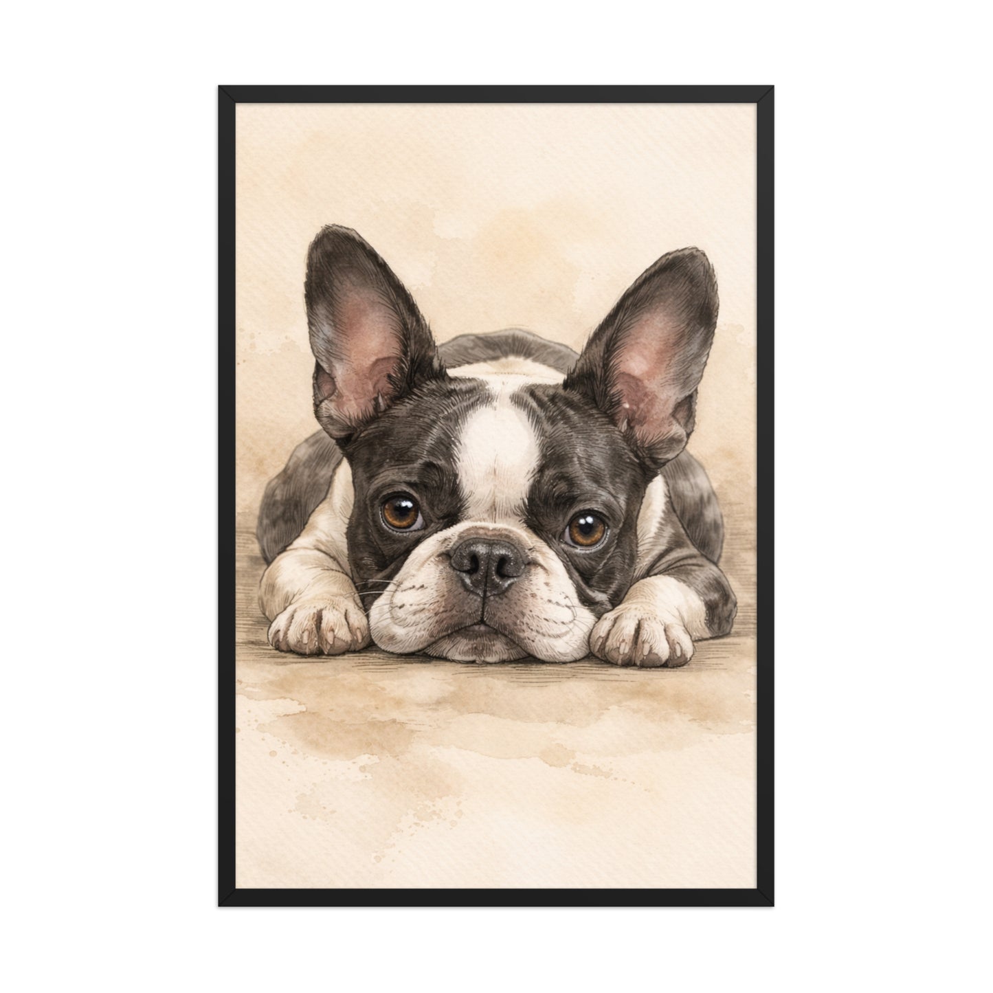 Watercolor Boston Terrier Dog Art Print Framed Poster . Black 24″×36″