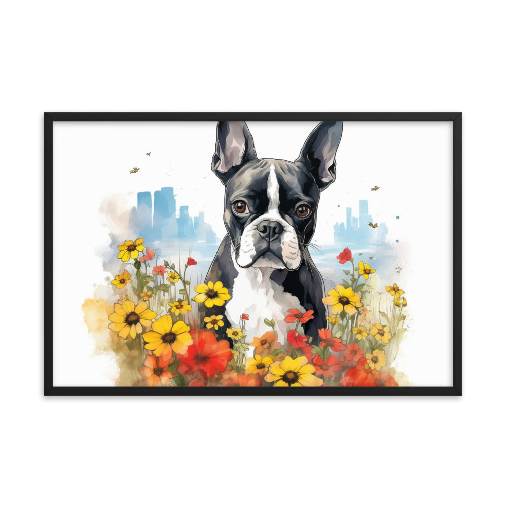 Boston Terrier Dog In A Garden Outside The City Framed Poster