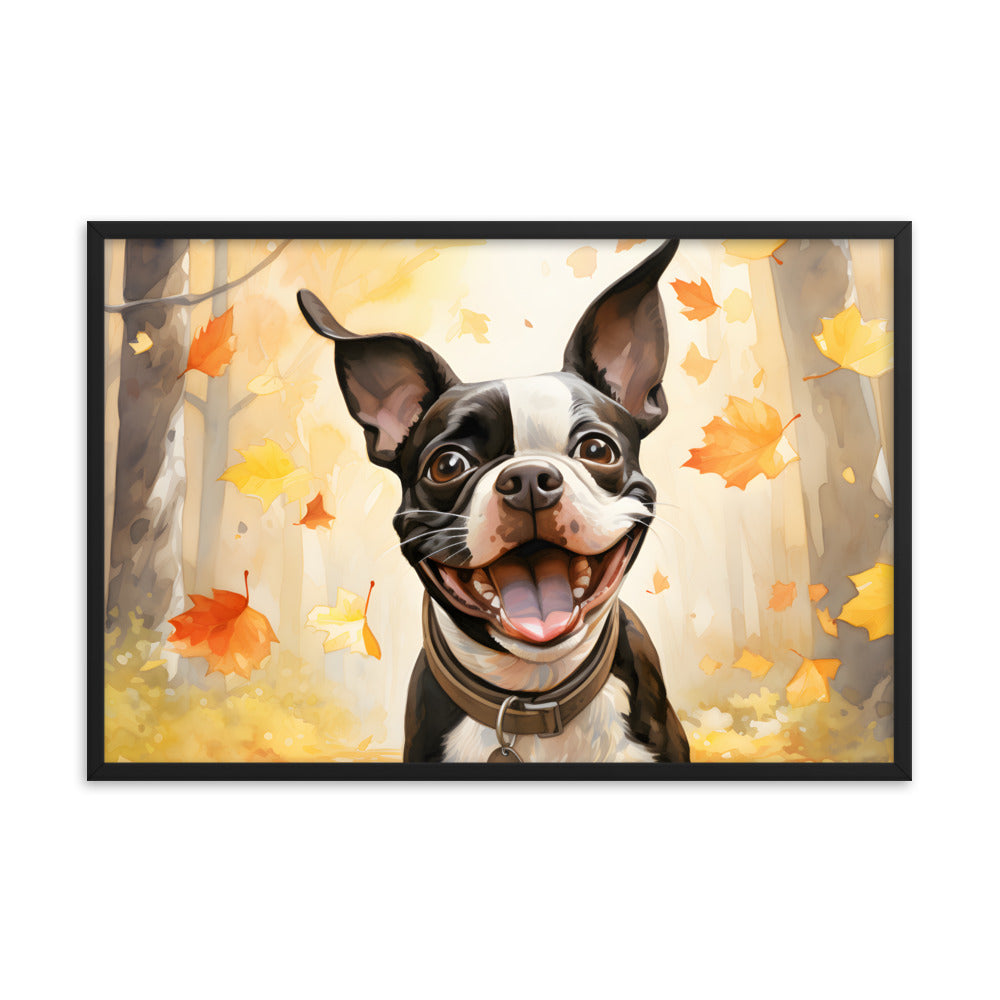 Cheerful Boston Terrier Dog Exploring A Park Watercolor Framed poster