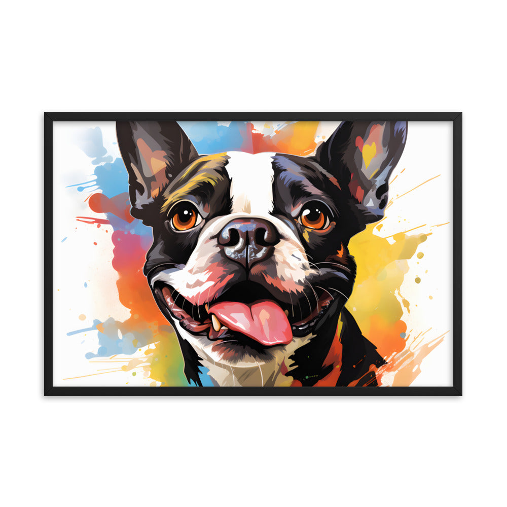 Colorful Playful Boston Terrier Dog Splash Art Framed Poster