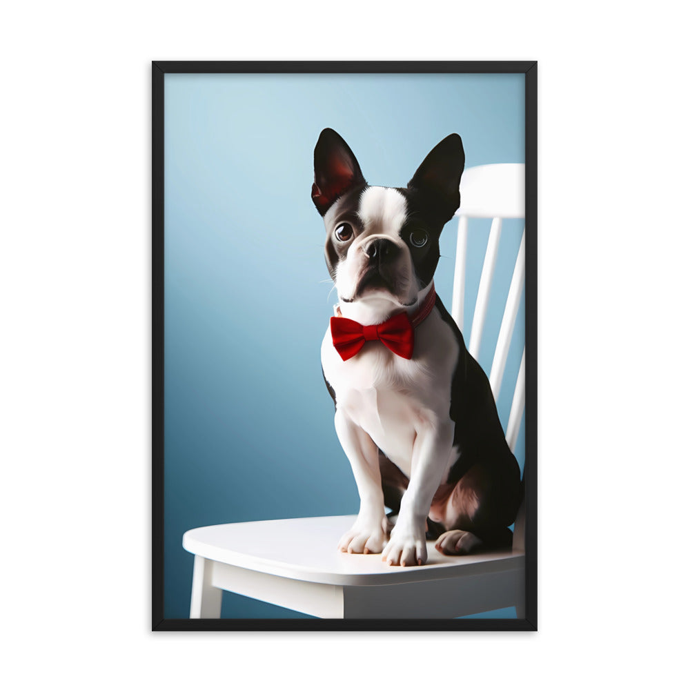 Dapper Boston Terrier in Red Bow Tie Seated on White Chair Framed poster