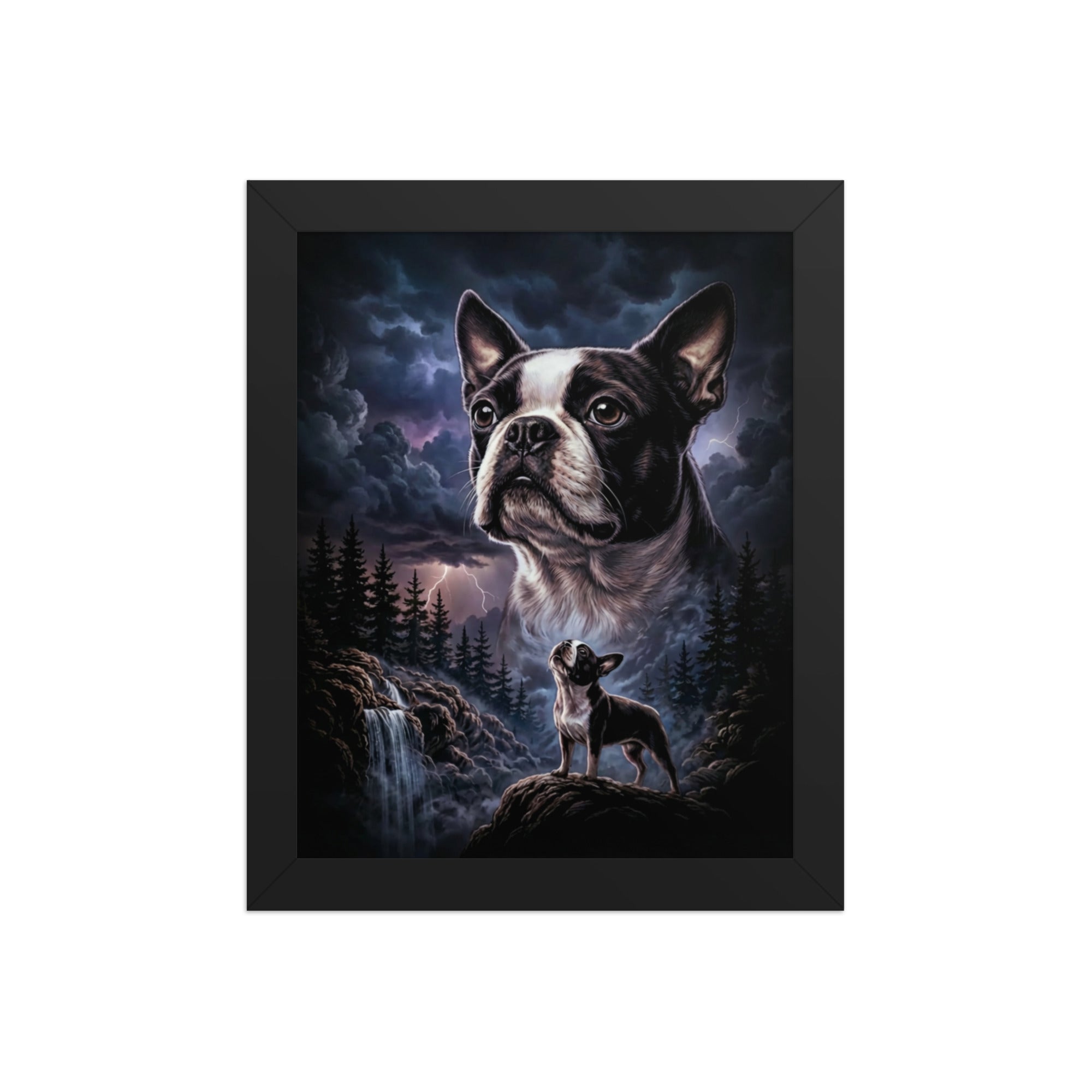 Storm Guardian – Majestic Boston Terrier Night Art Framed Poster . Black 8″×10″