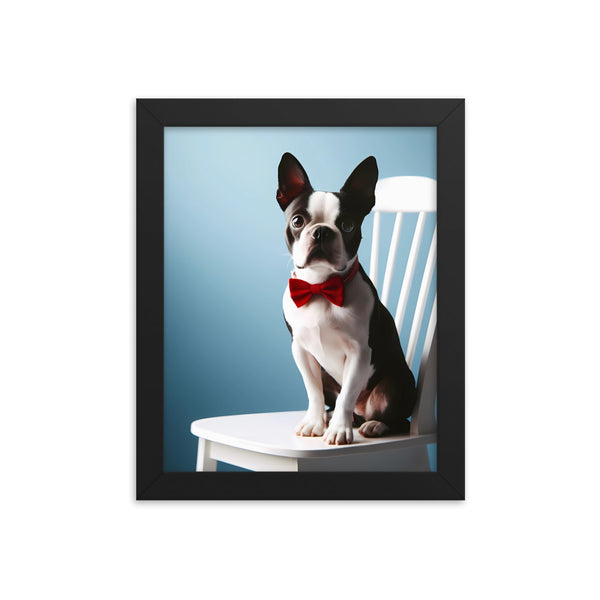 Dapper Boston Terrier in Red Bow Tie Seated on White Chair Framed poster