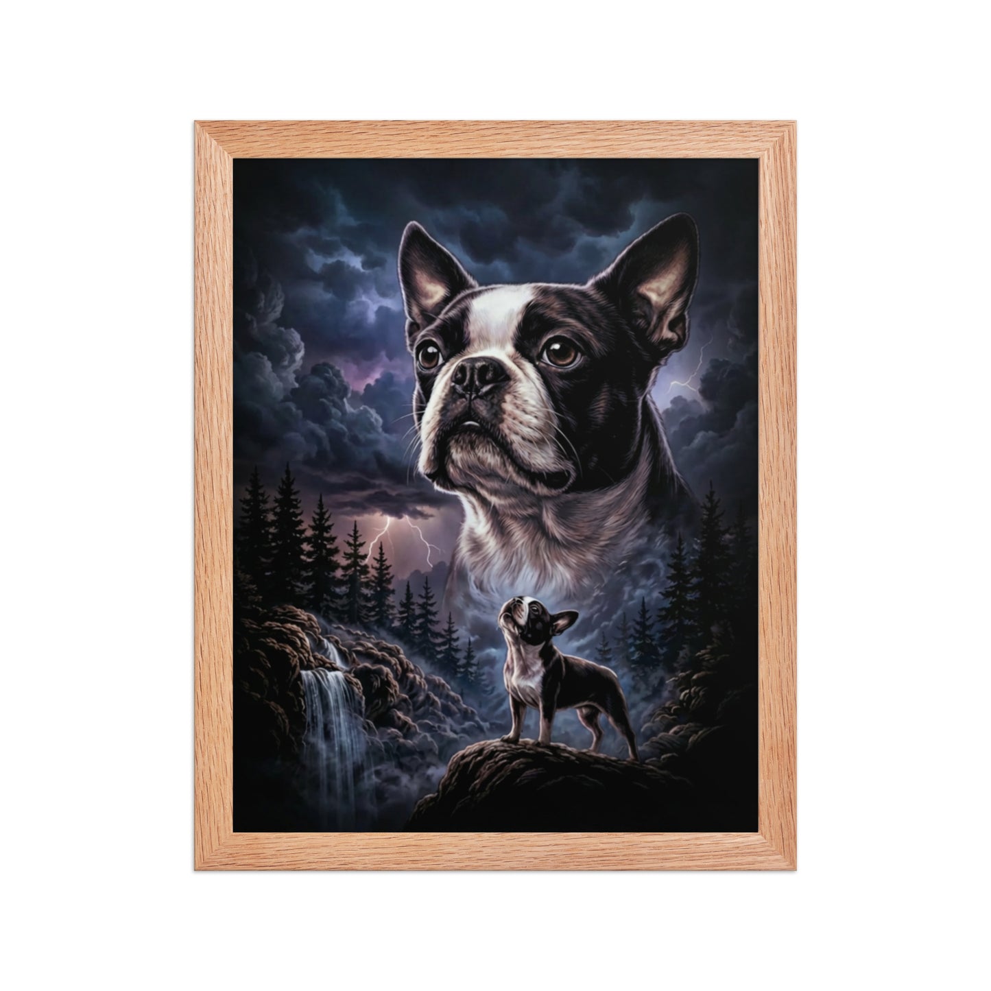 Storm Guardian – Majestic Boston Terrier Night Art Framed Poster . Red Oak 11″×14″