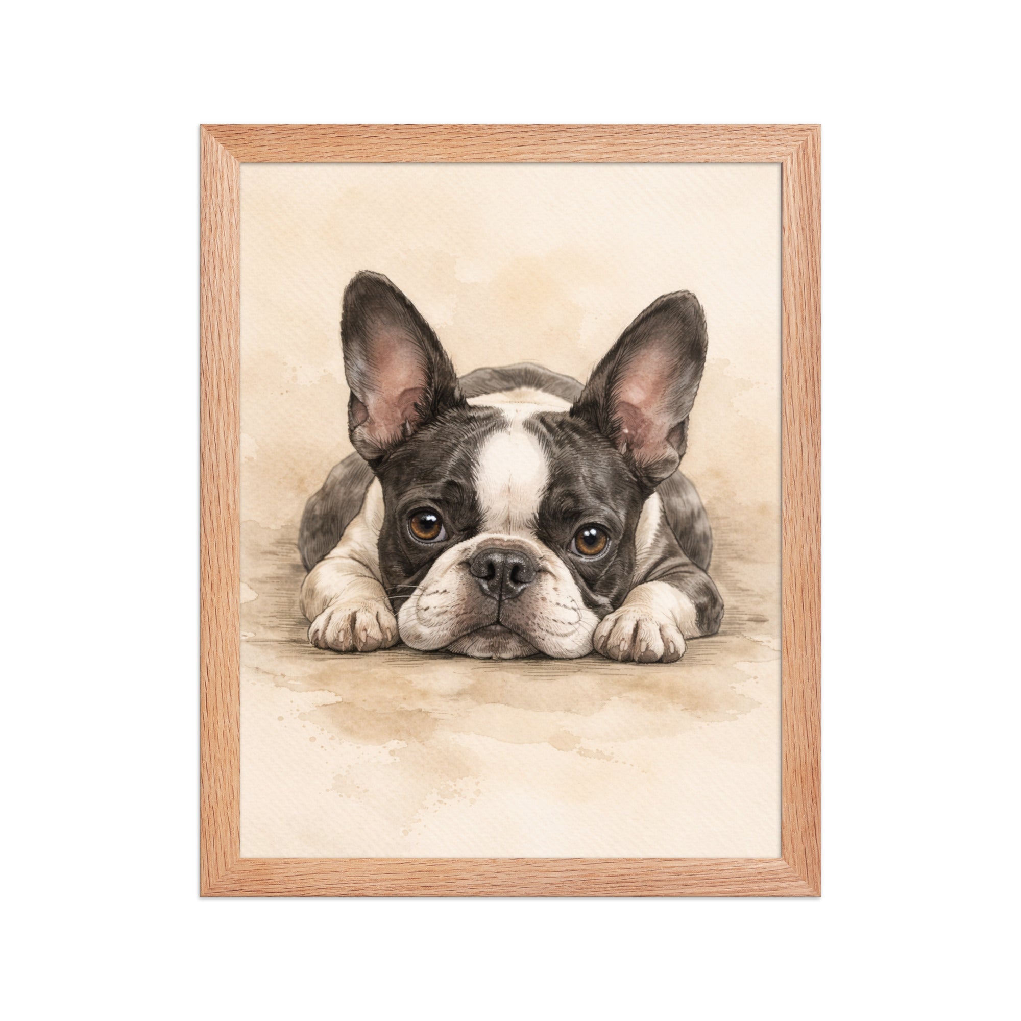 Watercolor Boston Terrier Dog Art Print Framed Poster . Red Oak 11″×14″