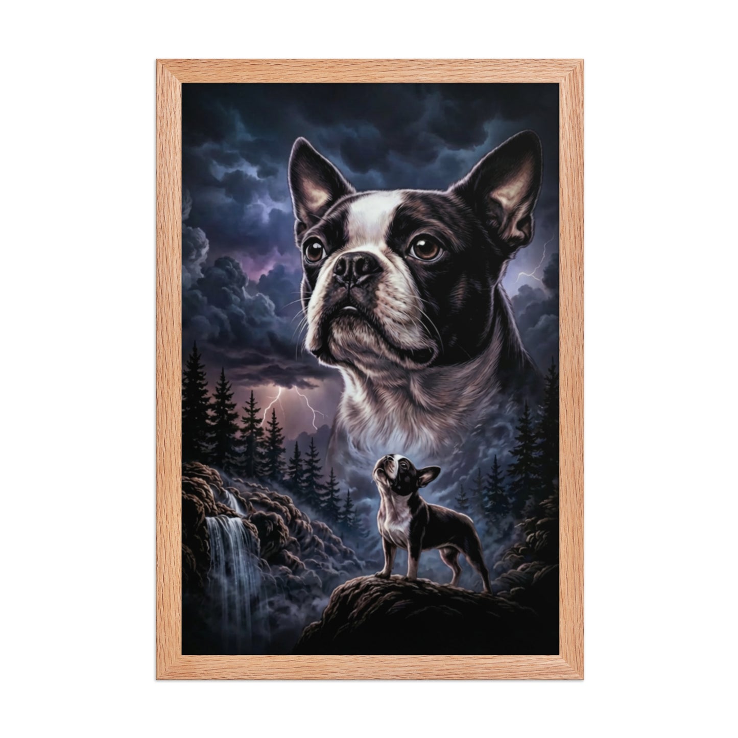 Storm Guardian – Majestic Boston Terrier Night Art Framed Poster . Red Oak 12″×18″