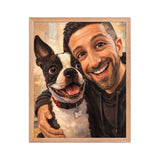 Custom Caricature Dog And Owner Portrait Framed Poster . Red Oak 16″×20″