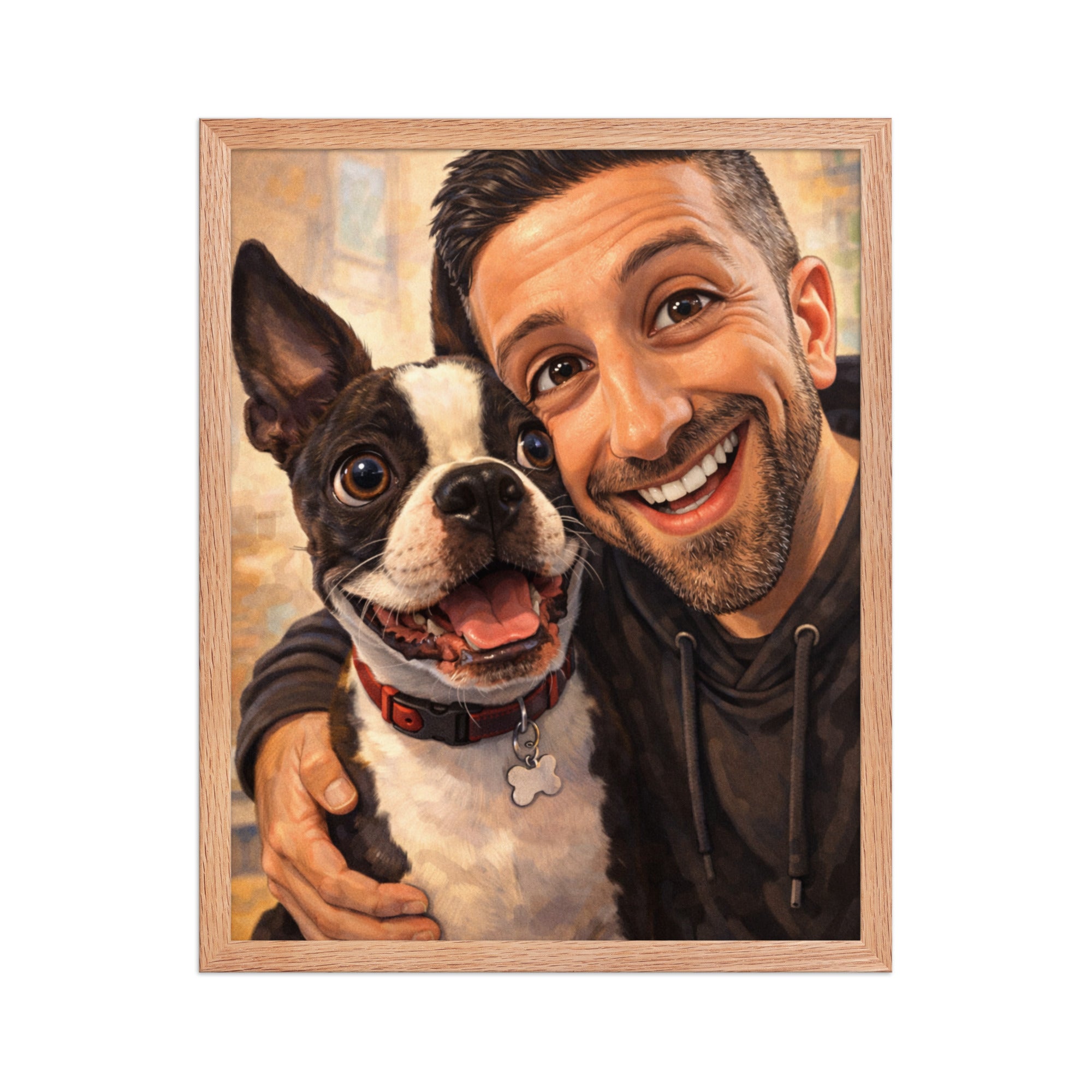 Custom Caricature Dog And Owner Portrait Framed Poster . Red Oak 16″×20″