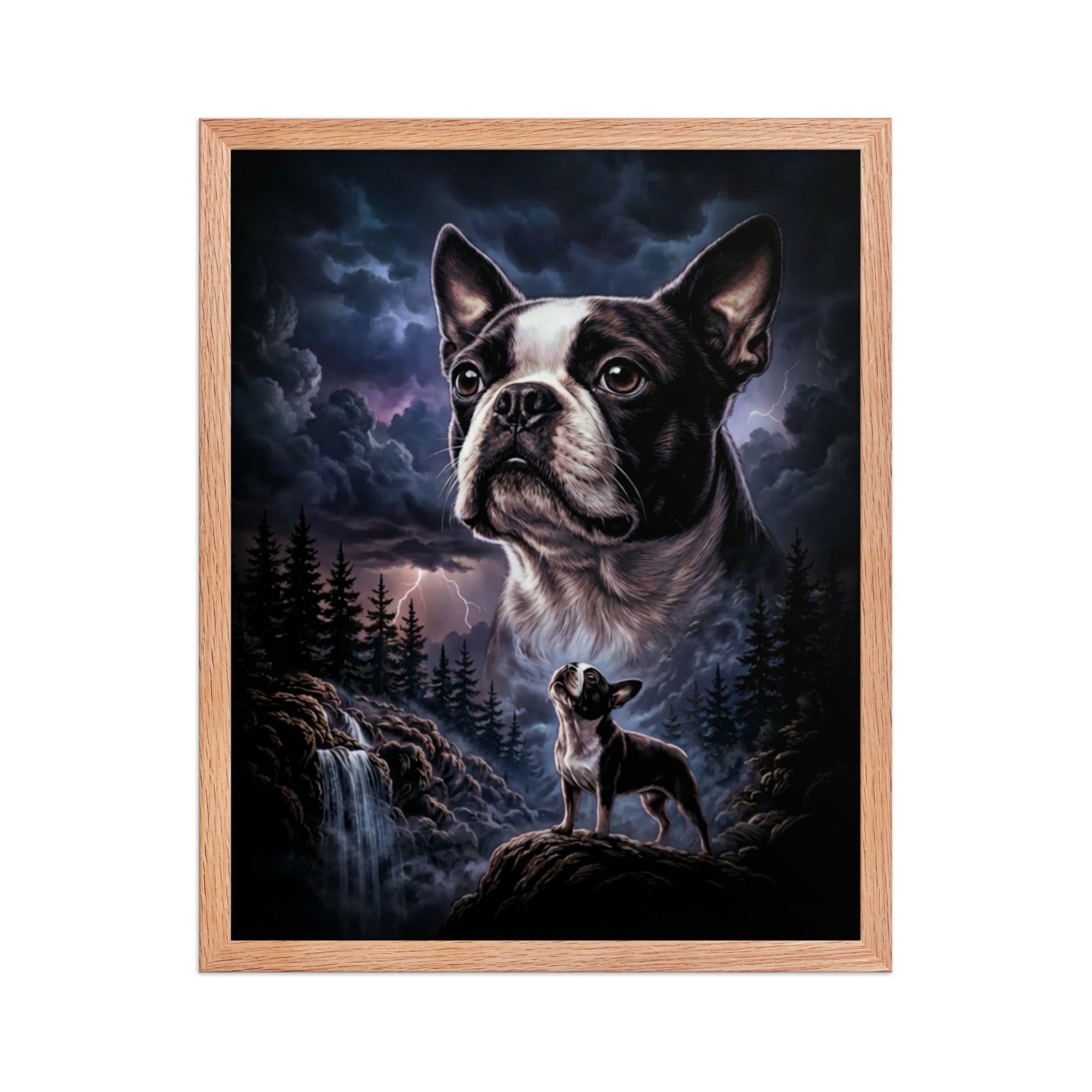 Storm Guardian – Majestic Boston Terrier Night Art Framed Poster . Red Oak 16″×20″