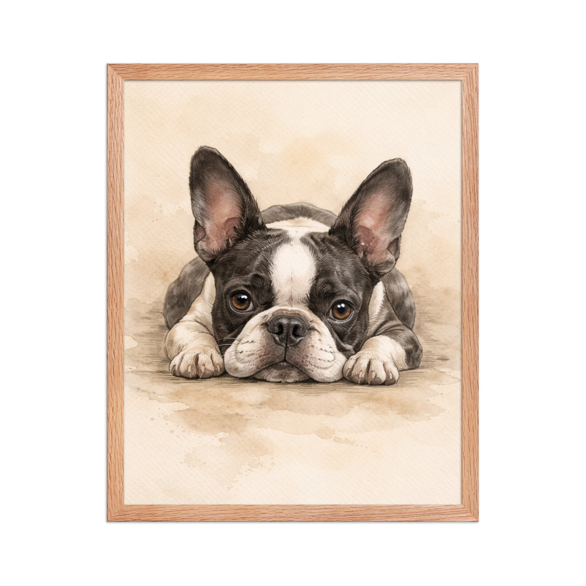 Watercolor Boston Terrier Dog Art Print Framed Poster . Red Oak 16″×20″