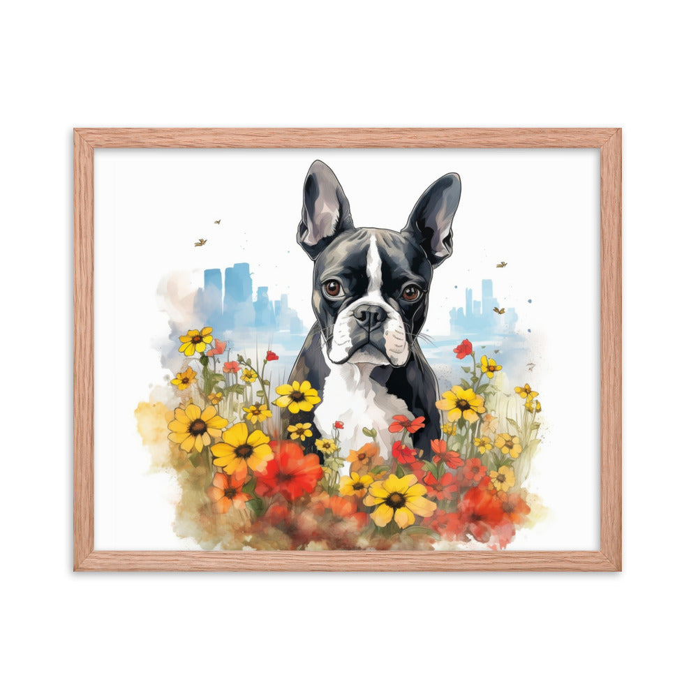 Boston Terrier Dog In A Garden Outside The City Framed Poster