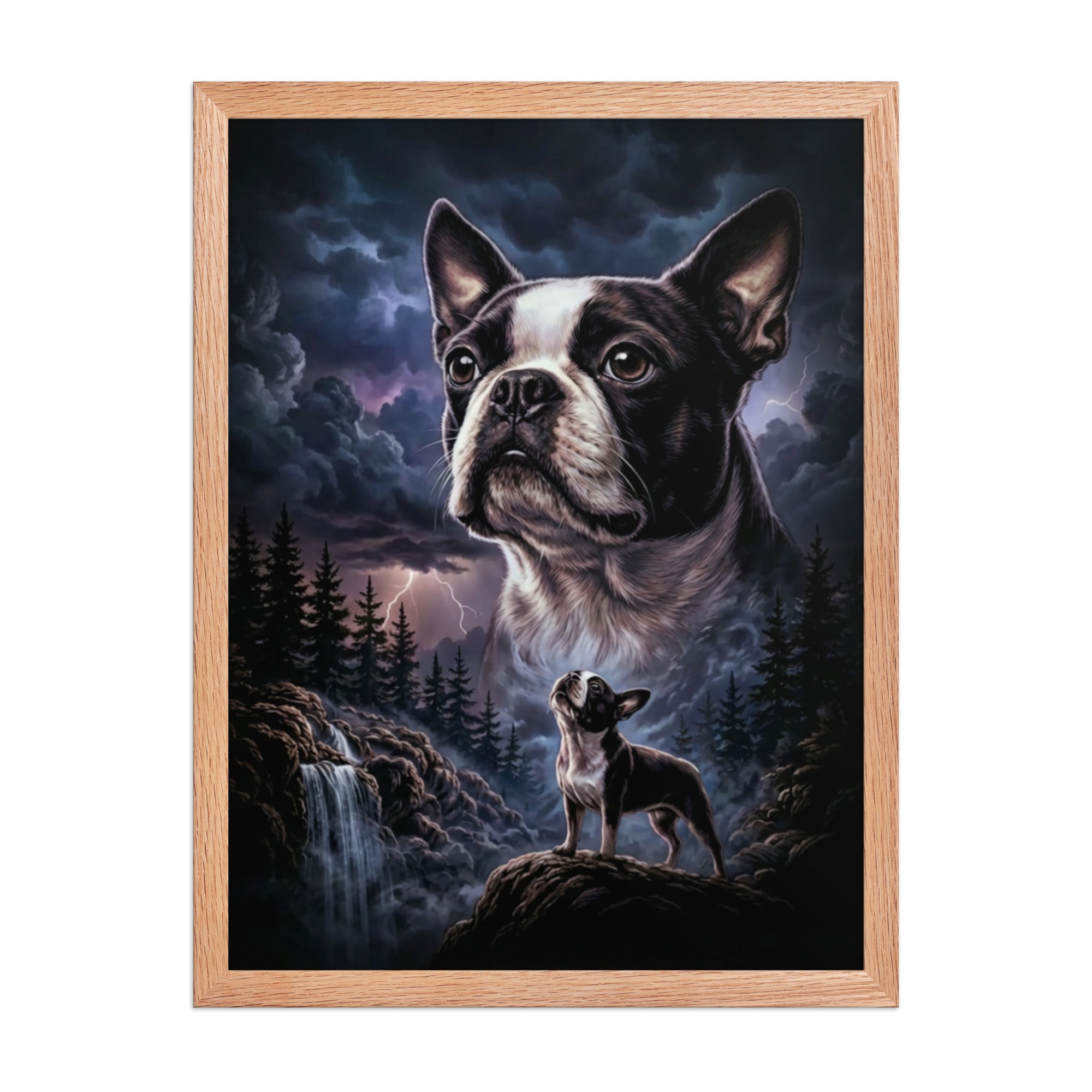 Storm Guardian – Majestic Boston Terrier Night Art Framed Poster . Red Oak 18″×24″