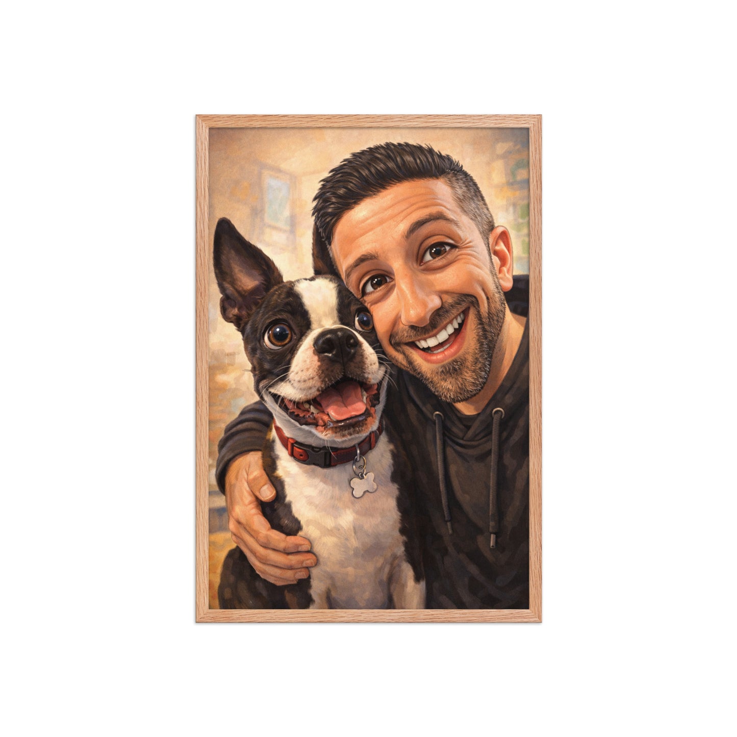 Custom Caricature Dog And Owner Portrait Framed Poster . Red Oak 20″×30″