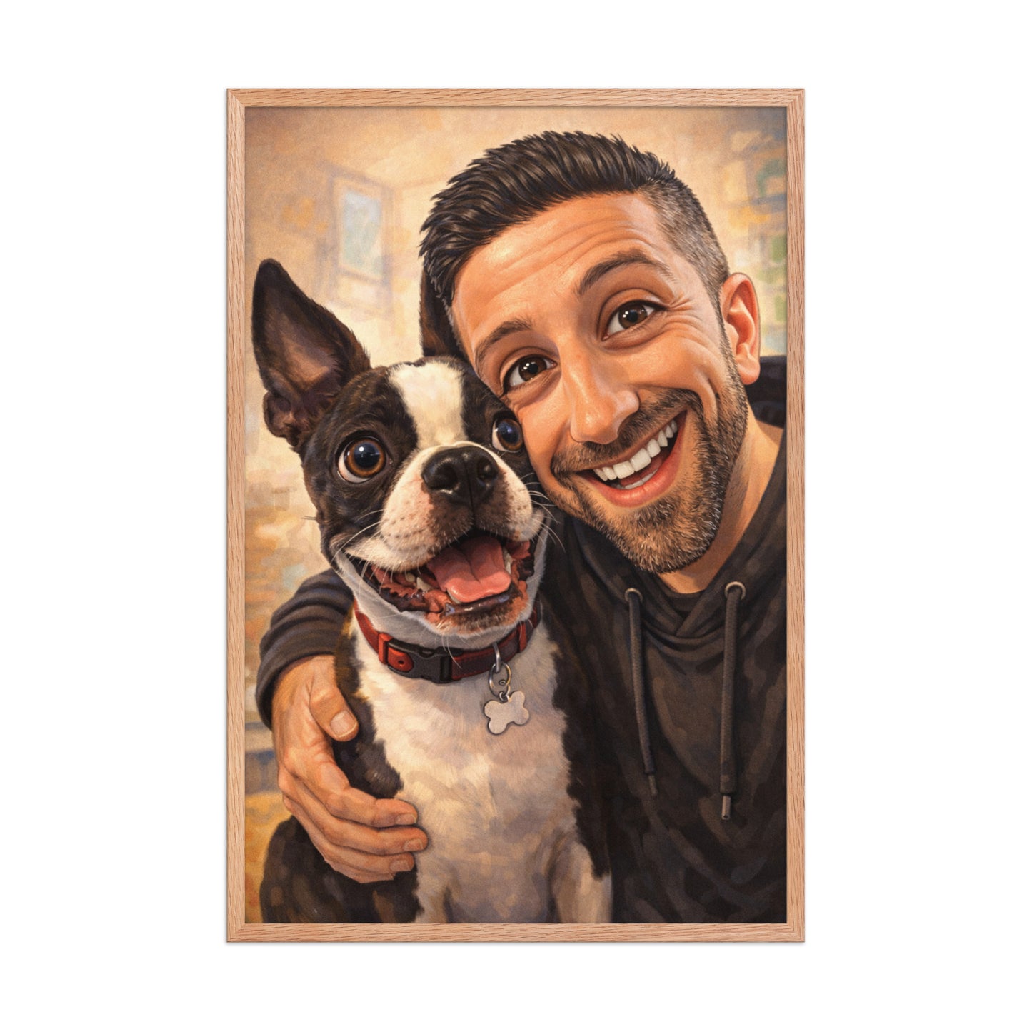 Custom Caricature Dog And Owner Portrait Framed Poster . Red Oak 24″×36″