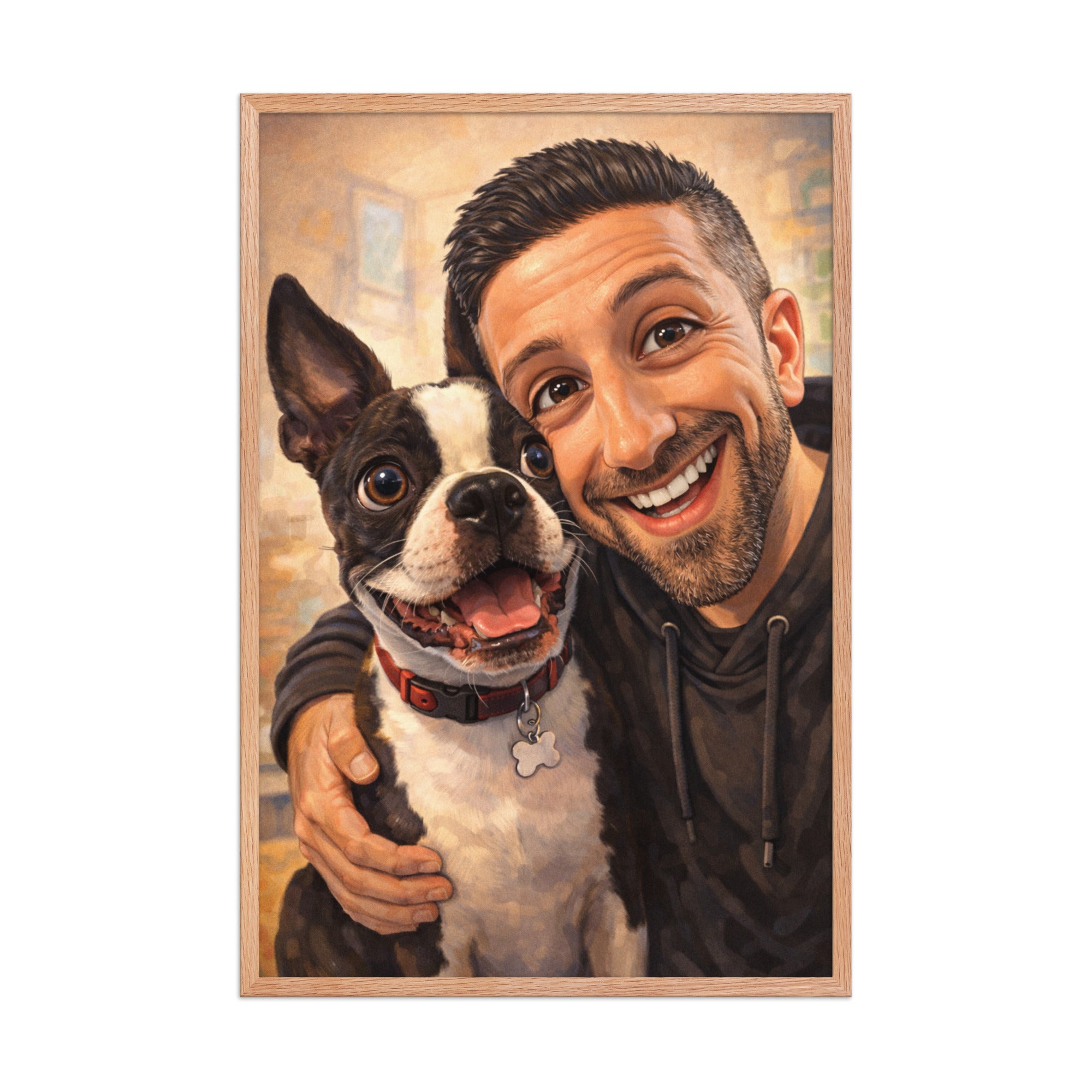 Custom Caricature Dog And Owner Portrait Framed Poster . Red Oak 24″×36″