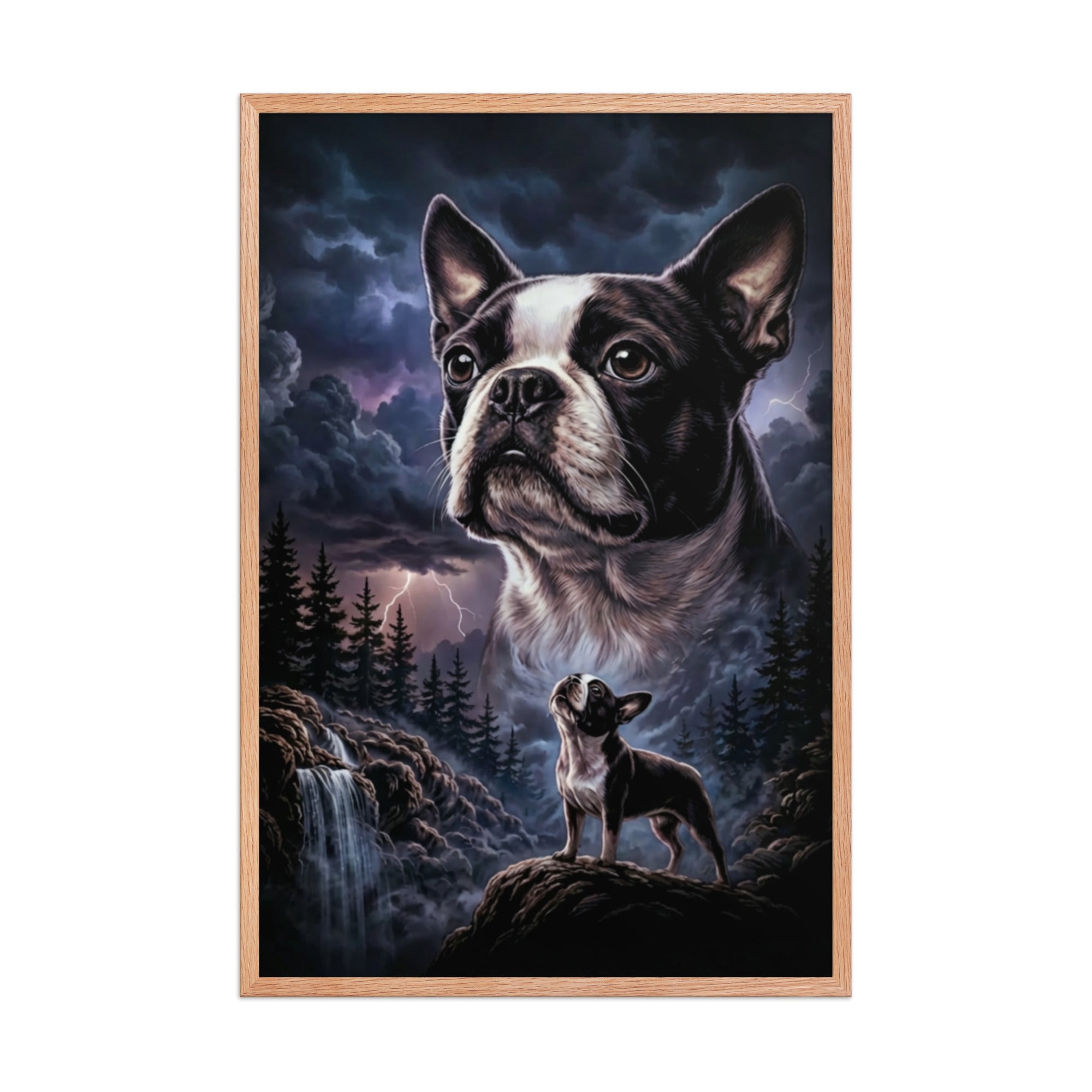 Storm Guardian – Majestic Boston Terrier Night Art Framed Poster . Red Oak 24″×36″