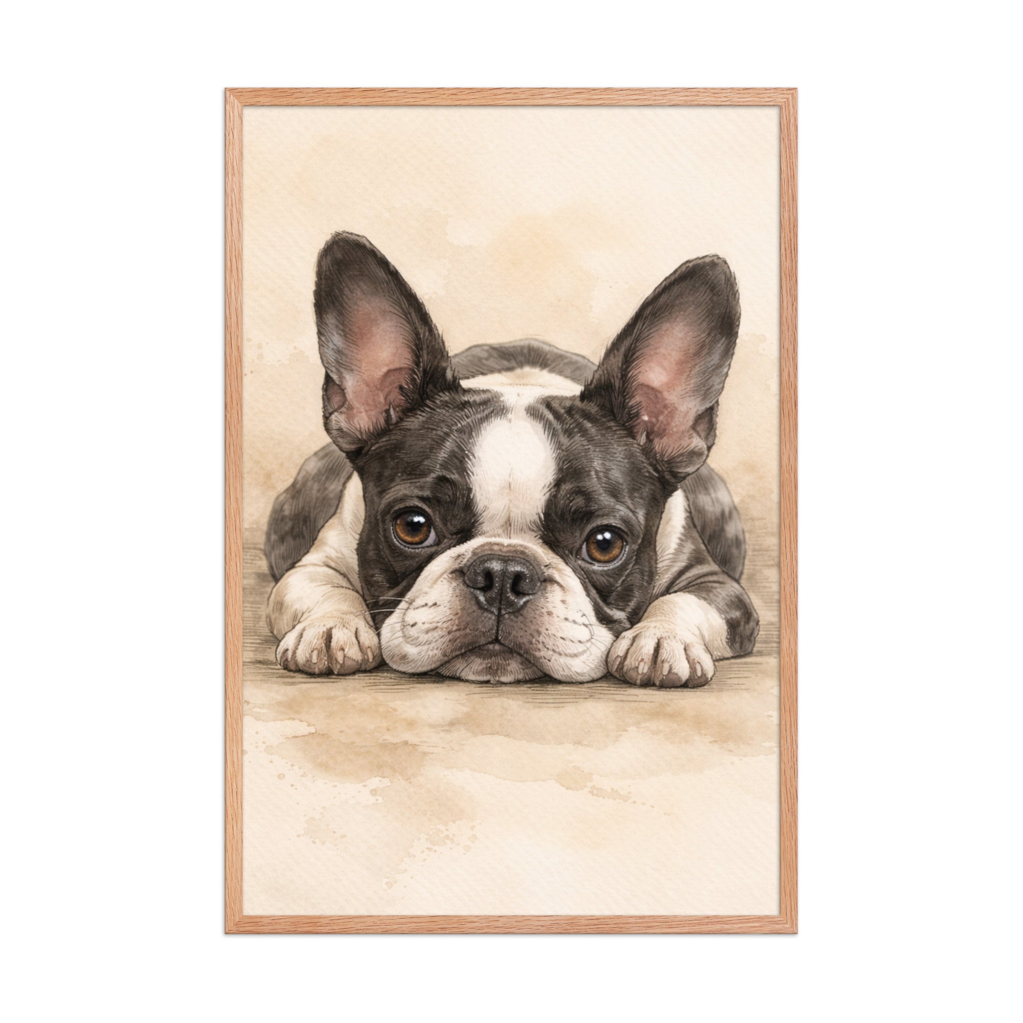 Watercolor Boston Terrier Dog Art Print Framed Poster . Red Oak 24″×36″