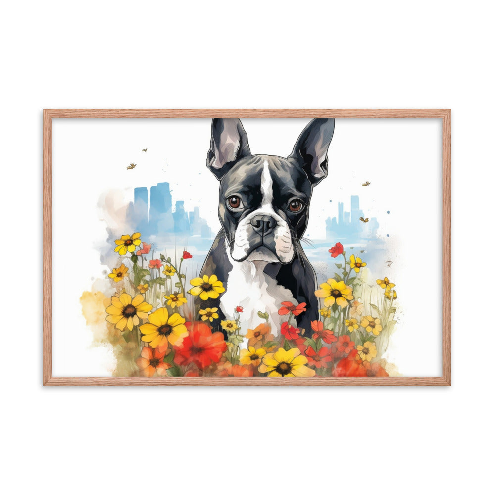 Boston Terrier Dog In A Garden Outside The City Framed Poster