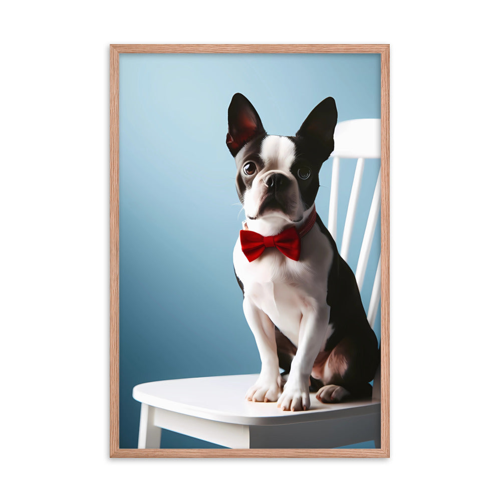 Dapper Boston Terrier in Red Bow Tie Seated on White Chair Framed poster