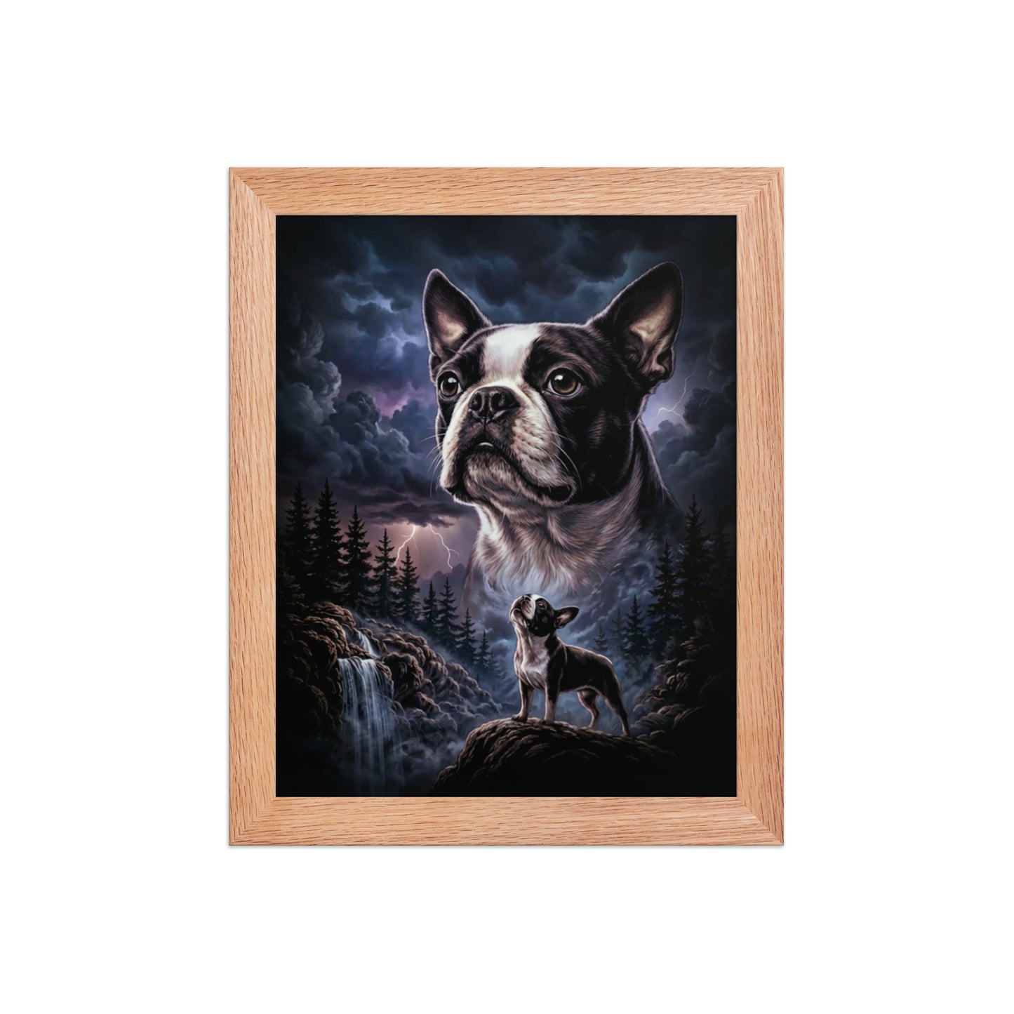 Storm Guardian – Majestic Boston Terrier Night Art Framed Poster . Red Oak 8″×10″