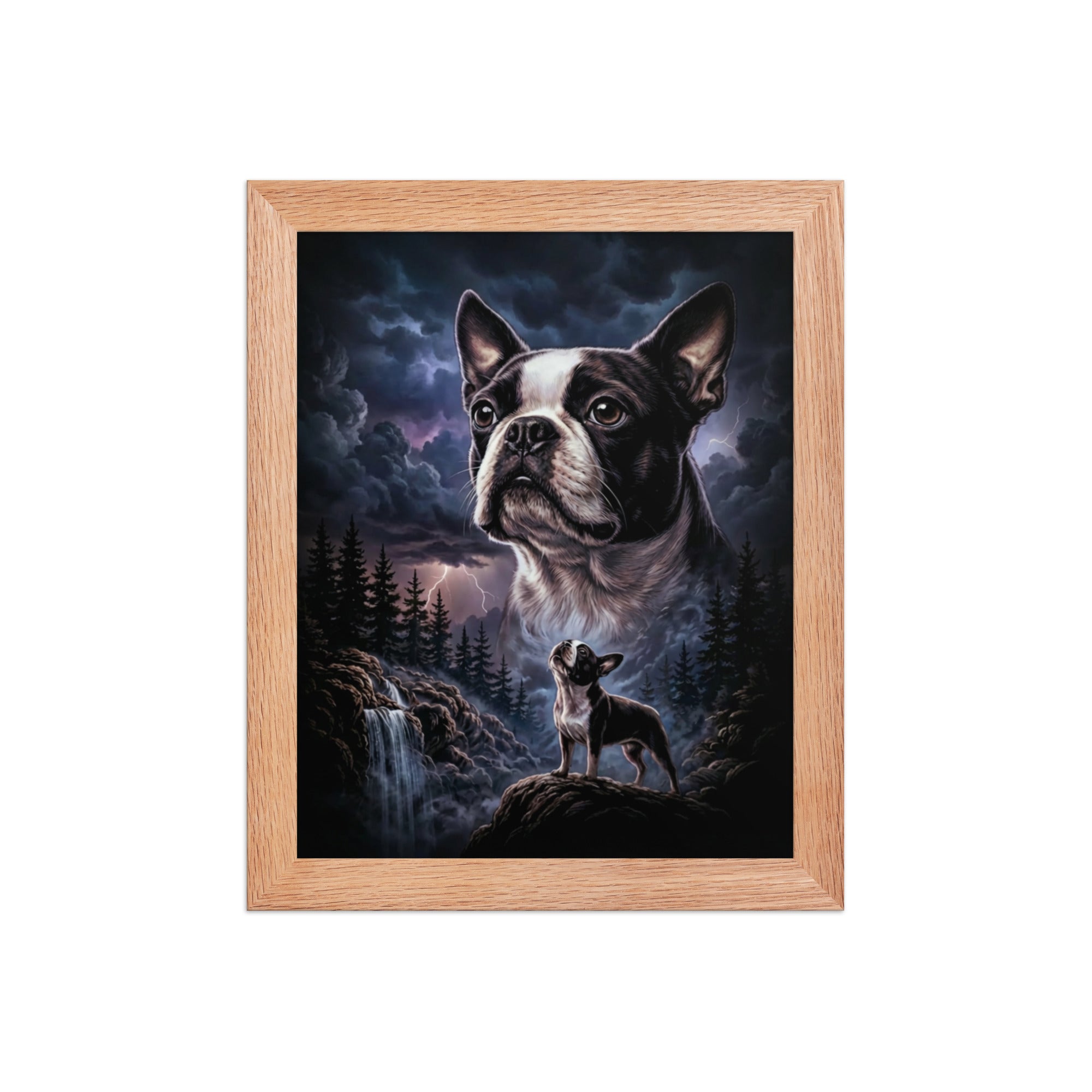 Storm Guardian – Majestic Boston Terrier Night Art Framed Poster . Red Oak 8″×10″