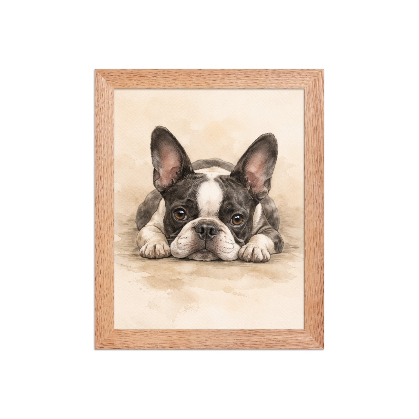Watercolor Boston Terrier Dog Art Print Framed Poster . Red Oak 8″×10″