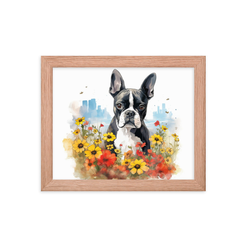 Boston Terrier Dog In A Garden Outside The City Framed Poster