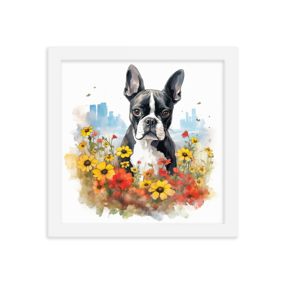 Boston Terrier Dog In A Garden Outside The City Framed Poster