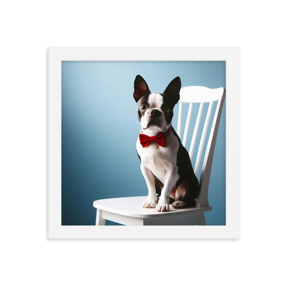 Dapper Boston Terrier in Red Bow Tie Seated on White Chair Framed poster