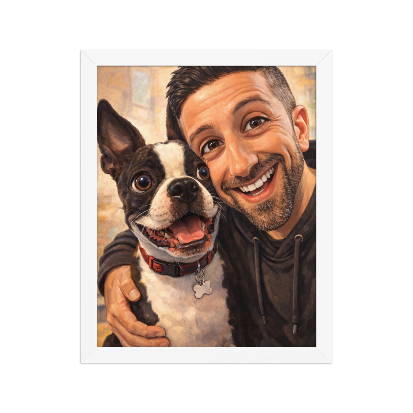 Custom Caricature Dog And Owner Portrait Framed Poster . White 11″×14″