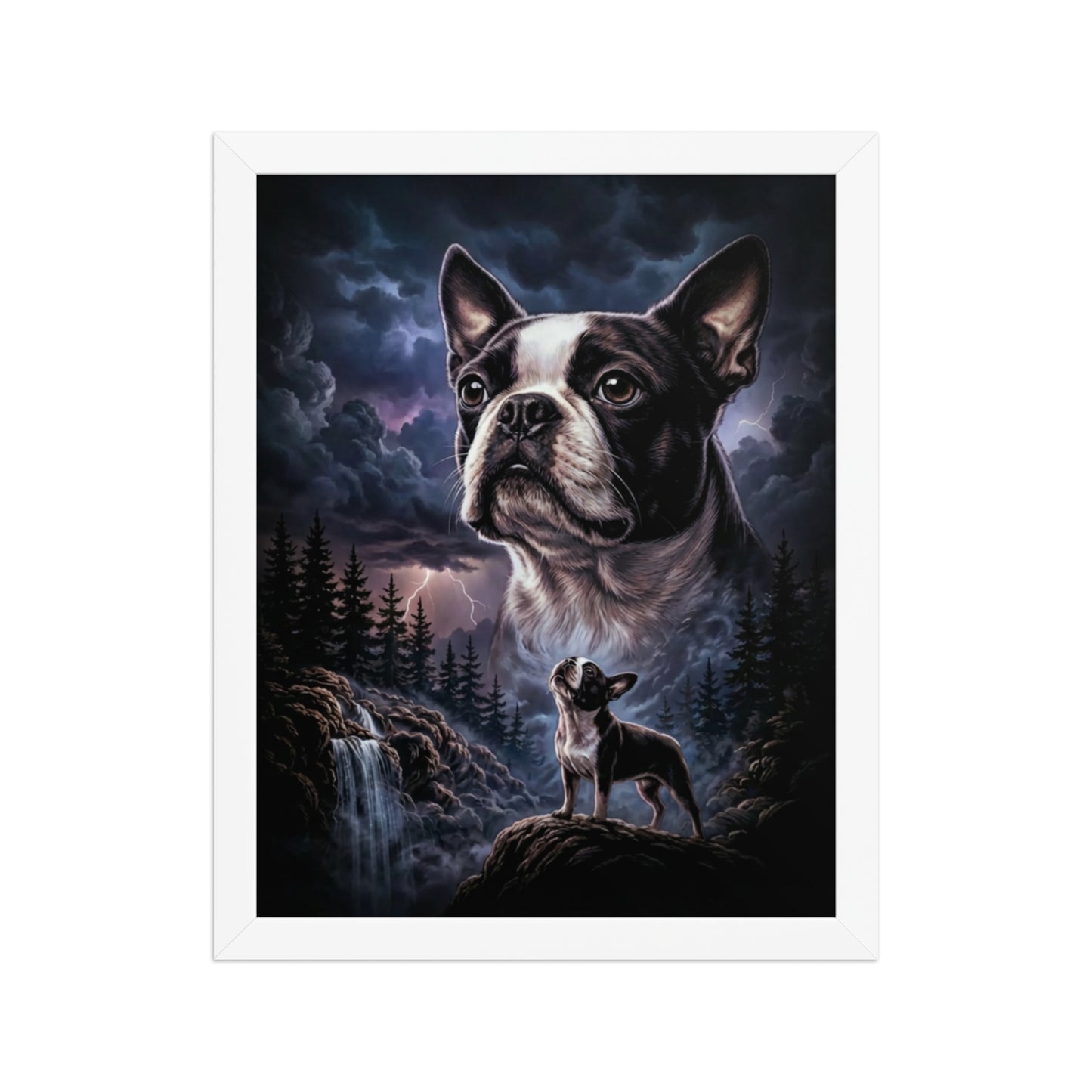Storm Guardian – Majestic Boston Terrier Night Art Framed Poster . White 11″×14″
