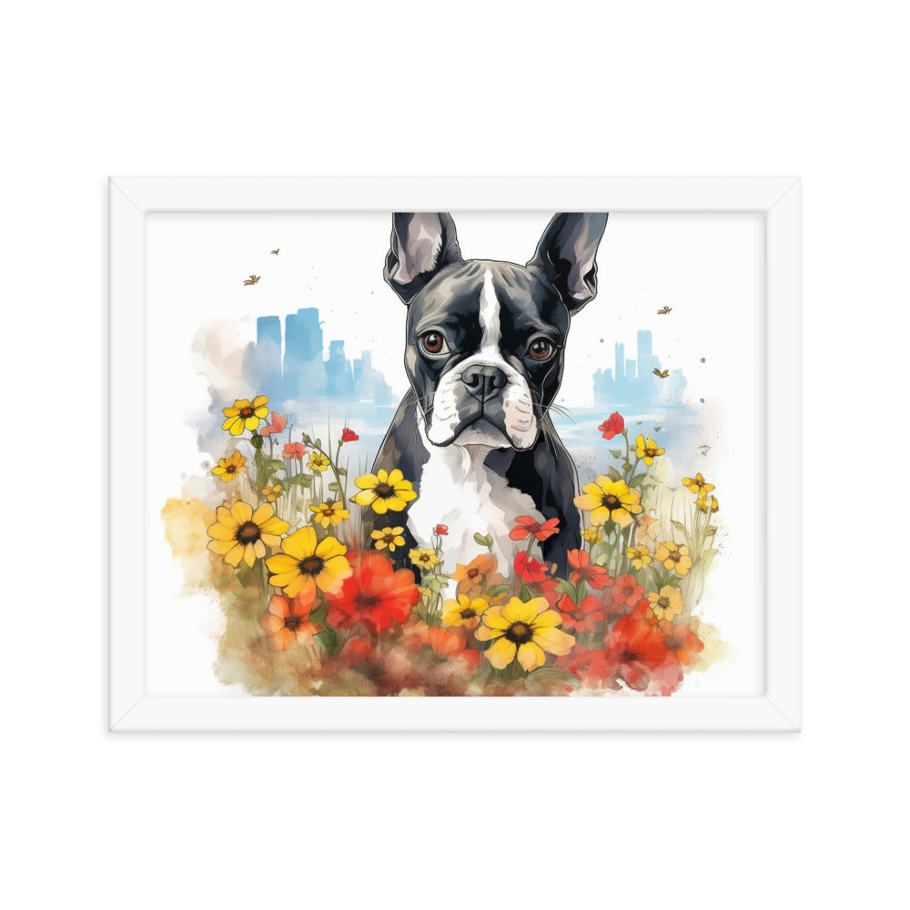 Boston Terrier Dog In A Garden Outside The City Framed Poster