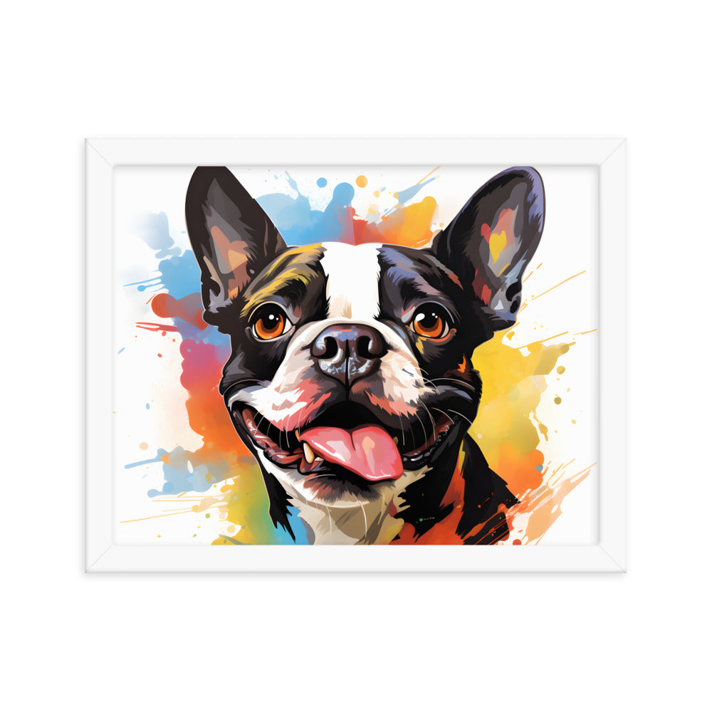 Colorful Playful Boston Terrier Dog Splash Art Framed Poster